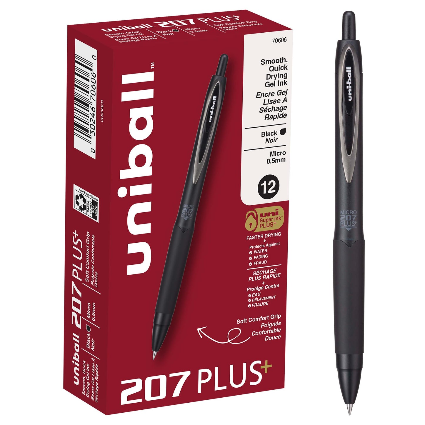 uniball™ 207 Plus+ Gel Pens, Black Ink, 0.5mm Micro Point, 12 Count