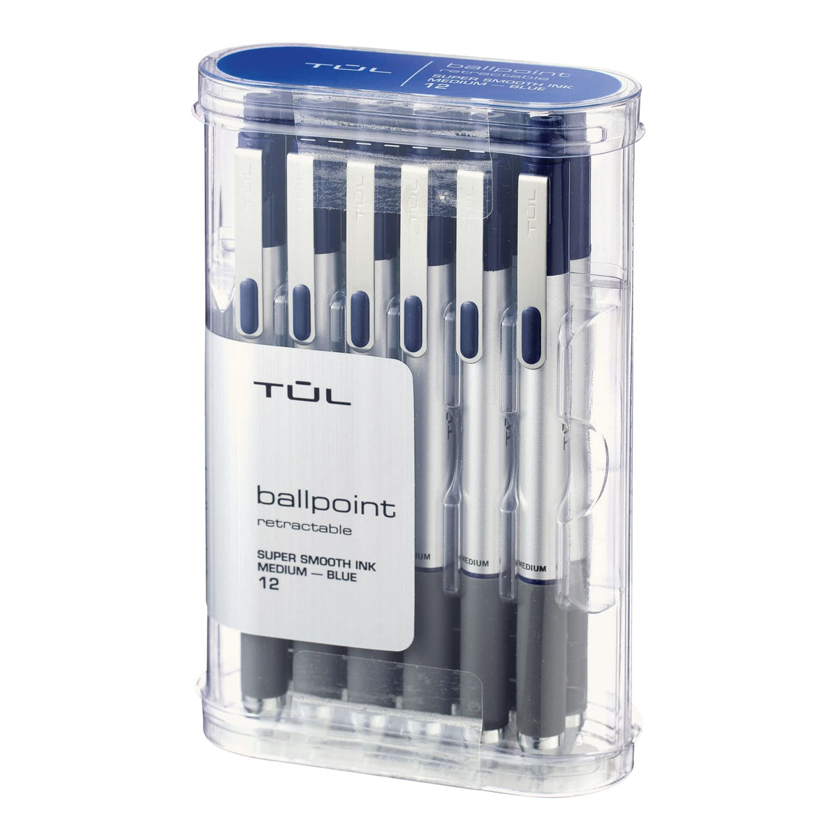 TUL BP3 Ballpoint, Retractable, Medium Point, 1.0 mm, Silver Barrel, Blue Ink, Pack Of 12