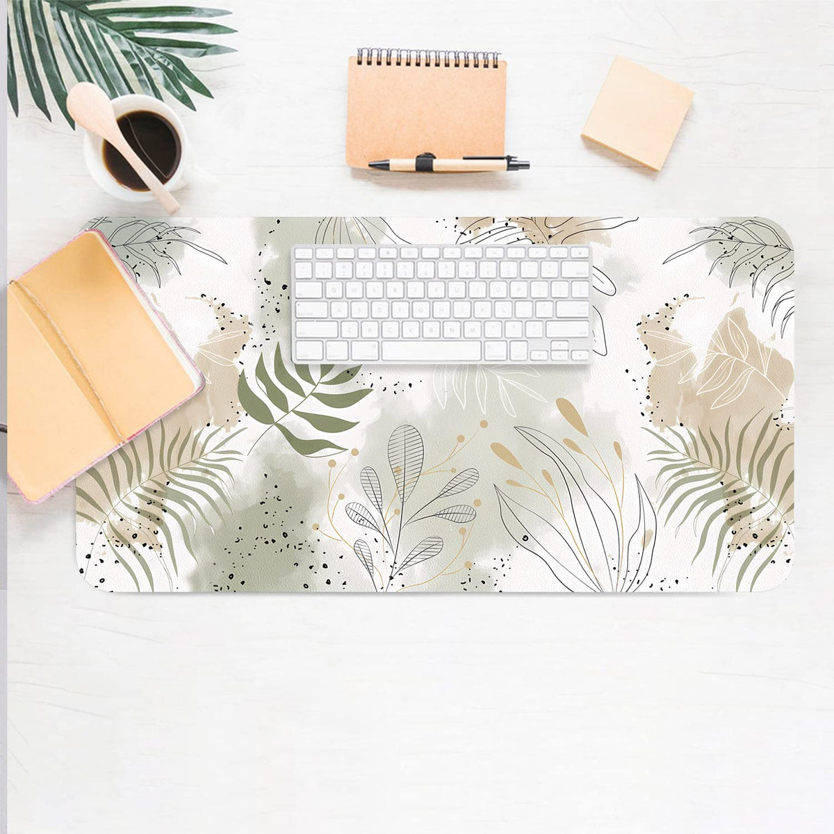 Floral Desk Mat, Non-Slip PU Leather Desk Pad, White Leaves 23.6"x11.8"
