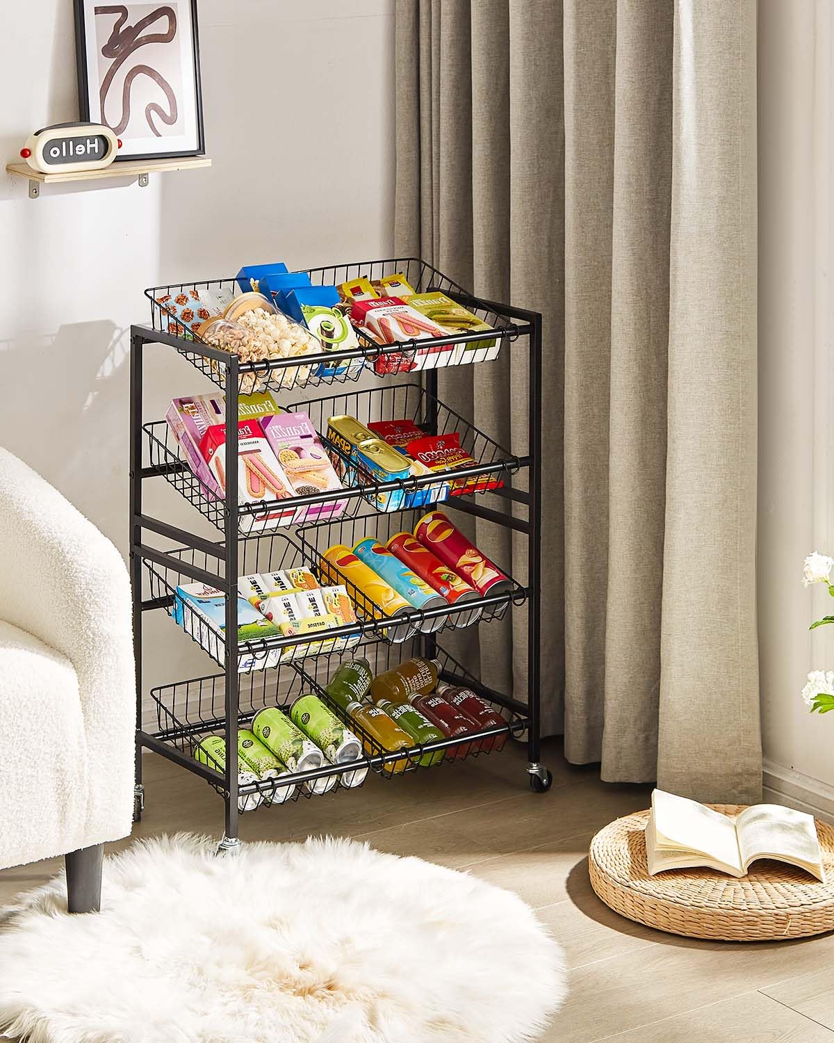 Evermagin 25.2" W Kitchen Storage Cart, 4-Tier Snack Cart with Wheels
