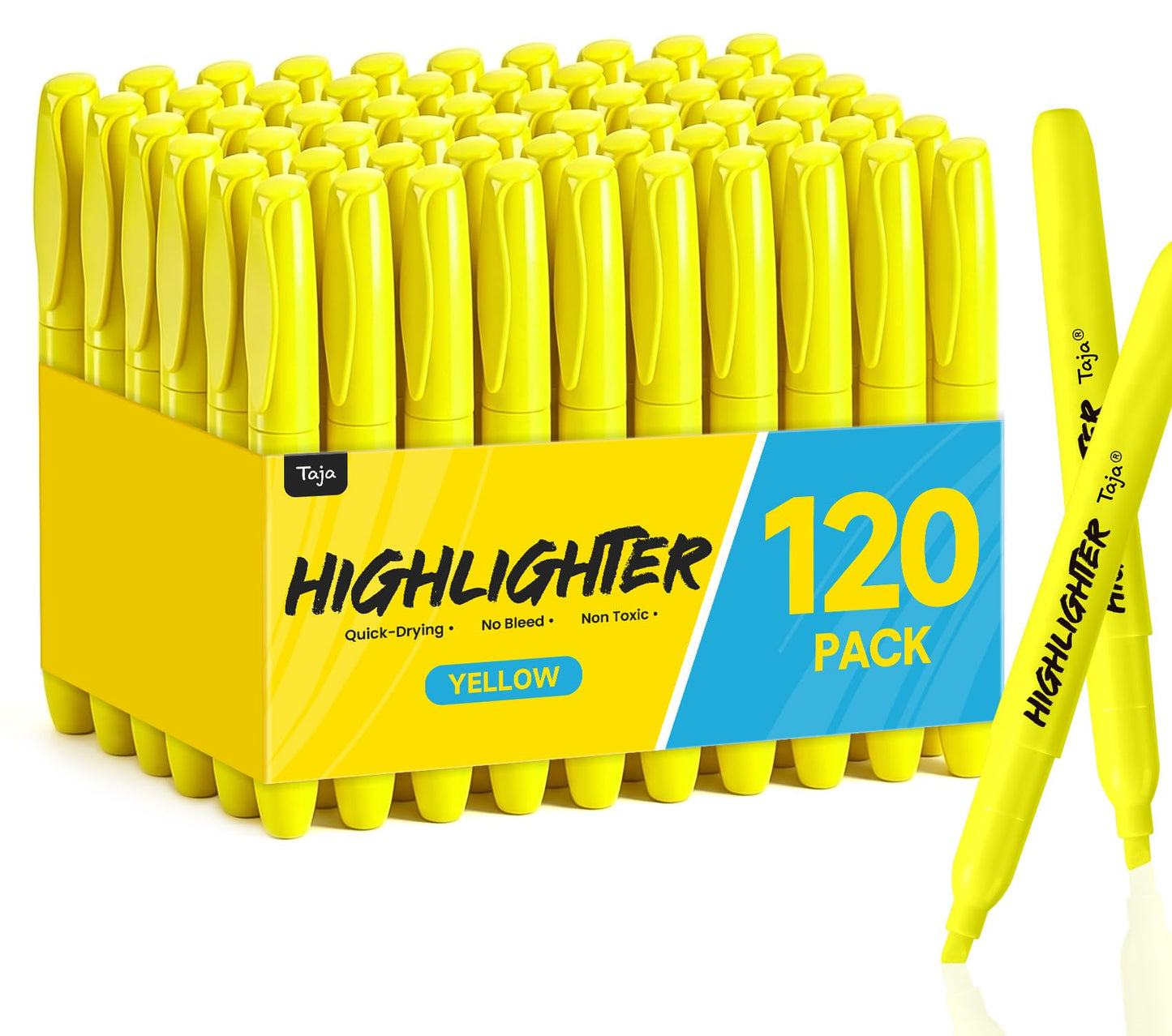 Taja 120 Pack Highlighters, Yellow, Chisel Tip with No Bleed Ink