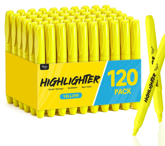 Taja 120 Pack Highlighters, Yellow, Chisel Tip with No Bleed Ink