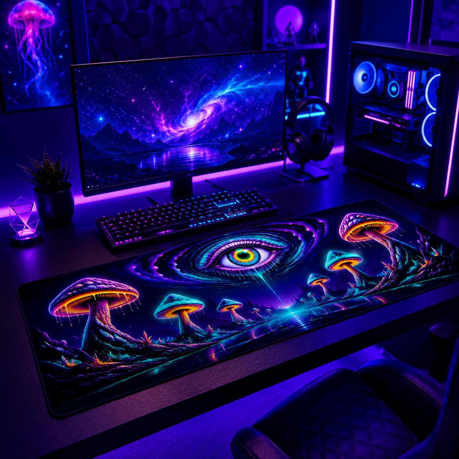 Manicer Mushroom Cosmic Eye Gaming Mouse Pad - UV Blacklight Reactive Desk Mat - 31.5" x 11.8"