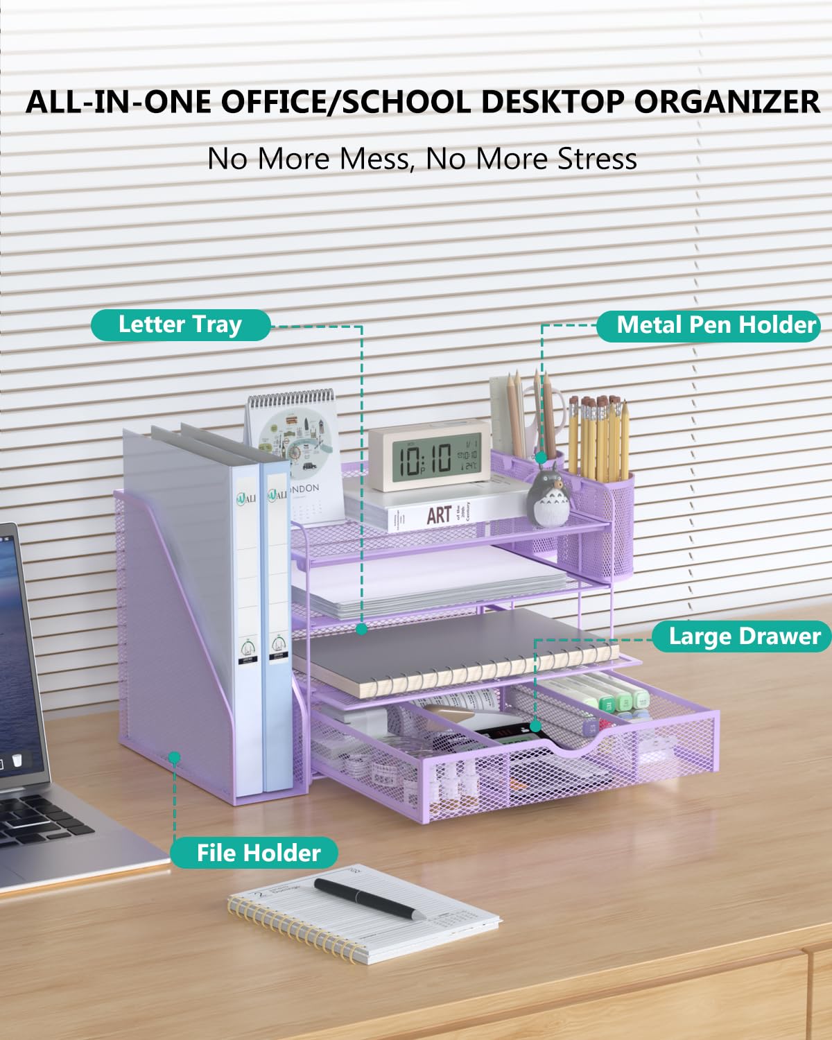 WALI Desk File Organizer, 4 Tier Desktop Paper Letter Tray Organizer with Drawer and 2 Pen Holders