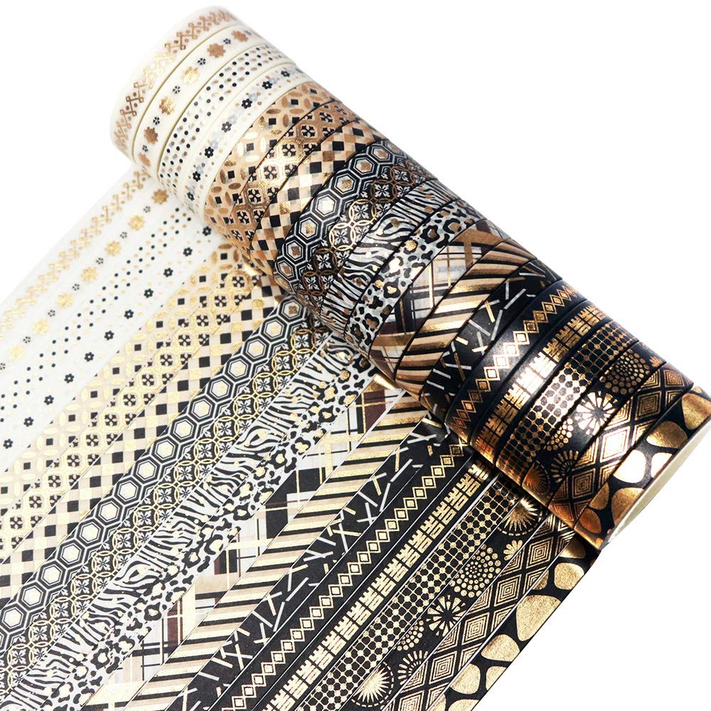 YUBBAEX 20 Rolls Washi Tape Set Black Gold Foil Print Decorative Tapes for Arts, DIY Crafts, Bullet