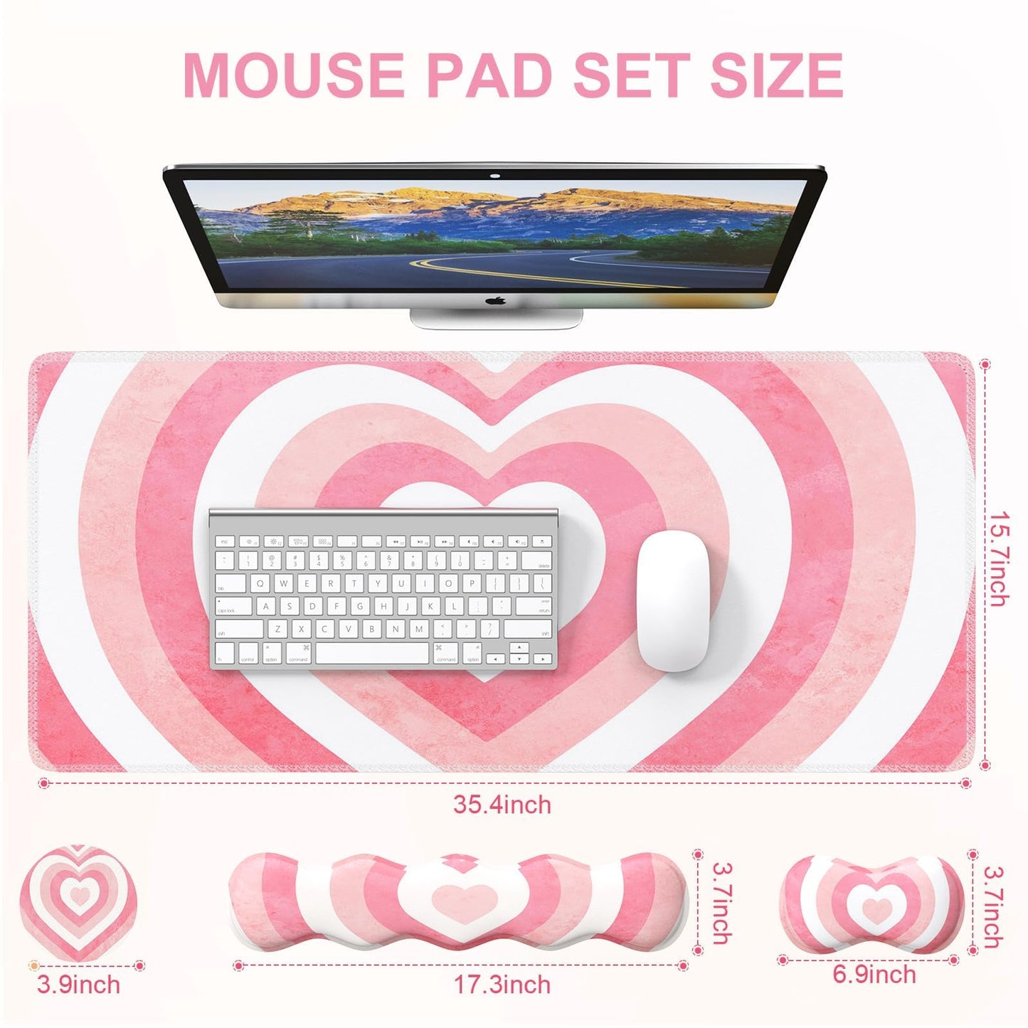 iLeadon Desk Mat Set, Pink Heart Mouse Pad and Keyboard Wrist Rest