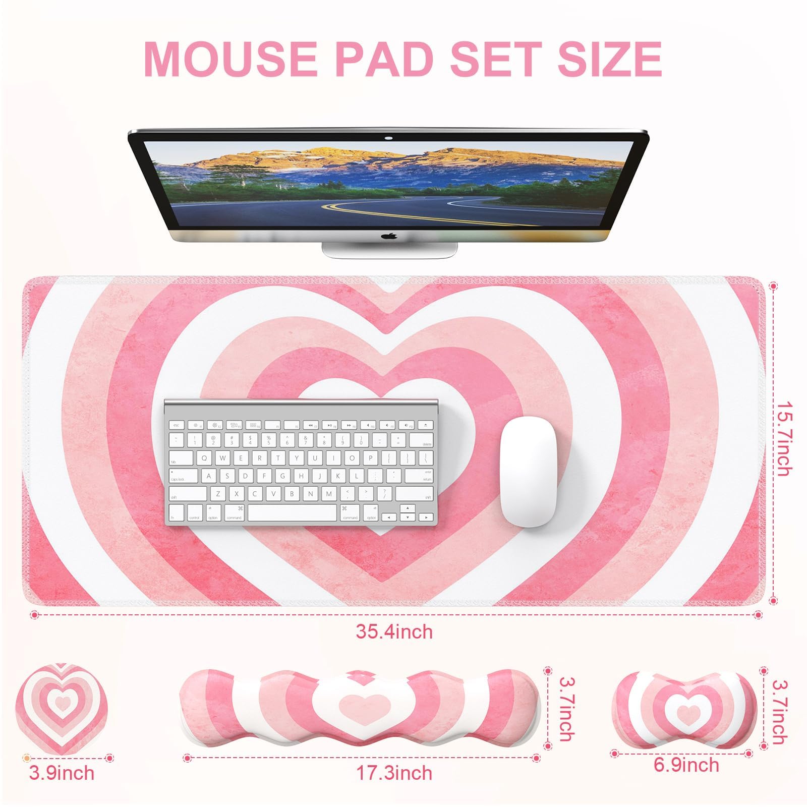 iLeadon Desk Mat Set, Pink Heart Mouse Pad and Keyboard Wrist Rest