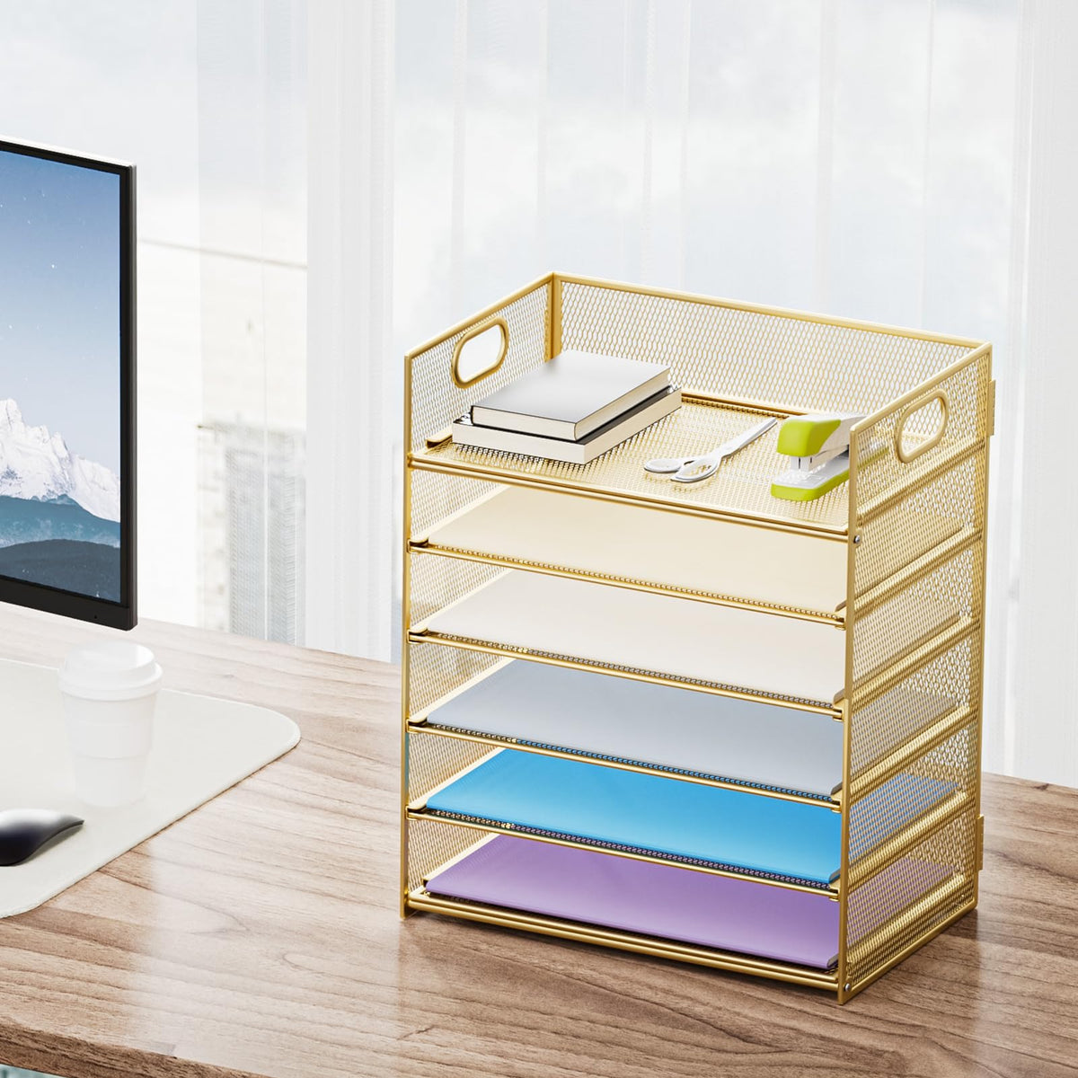 Marbrasse 2 Pack Desk Organizer with Handle, 6 Tier Paper Letter Tray, Mesh Desk File Organizer for