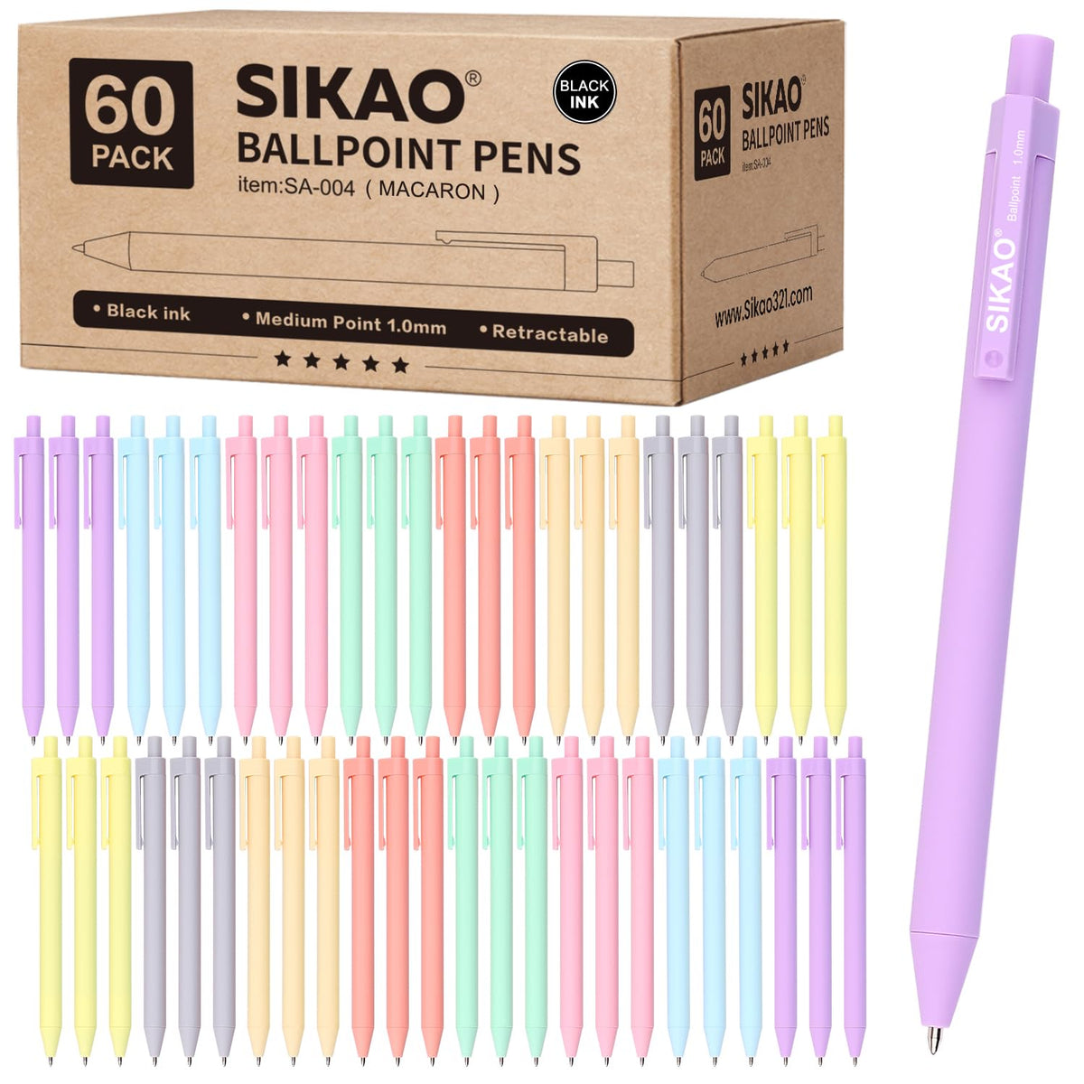Sikao Pens Bulk, 60 Pack Retractable Ballpoint Pens Black Ink (Pastel)