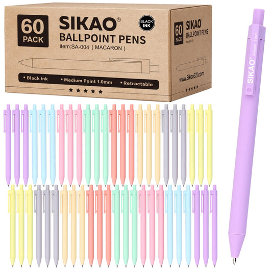 Sikao Pens Bulk, 60 Pack Retractable Ballpoint Pens Black Ink (Pastel)