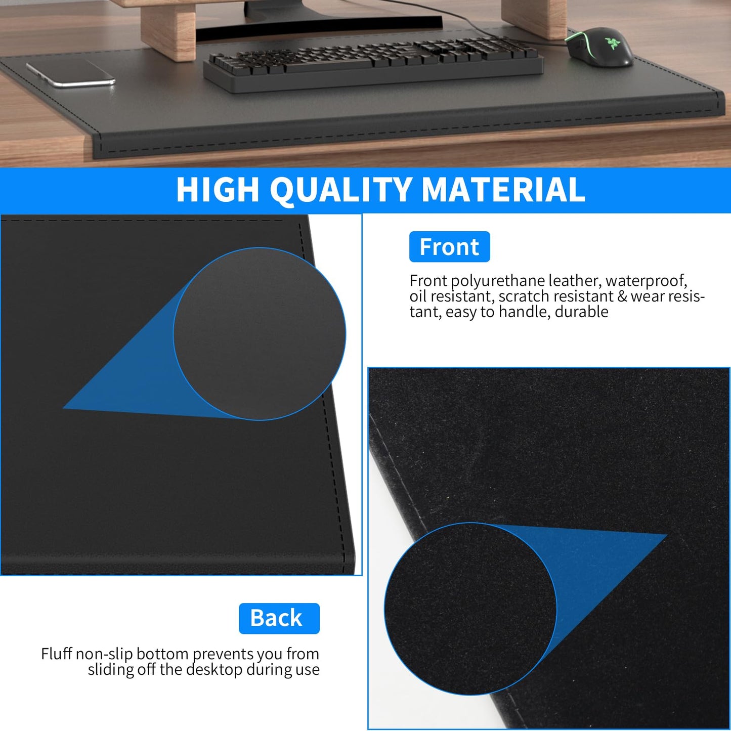 AKOZLIN 35.4"x 18.9" Soft PU Leather Surface Office Desk Mouse Mat Anti-Push Pad with Full Grip