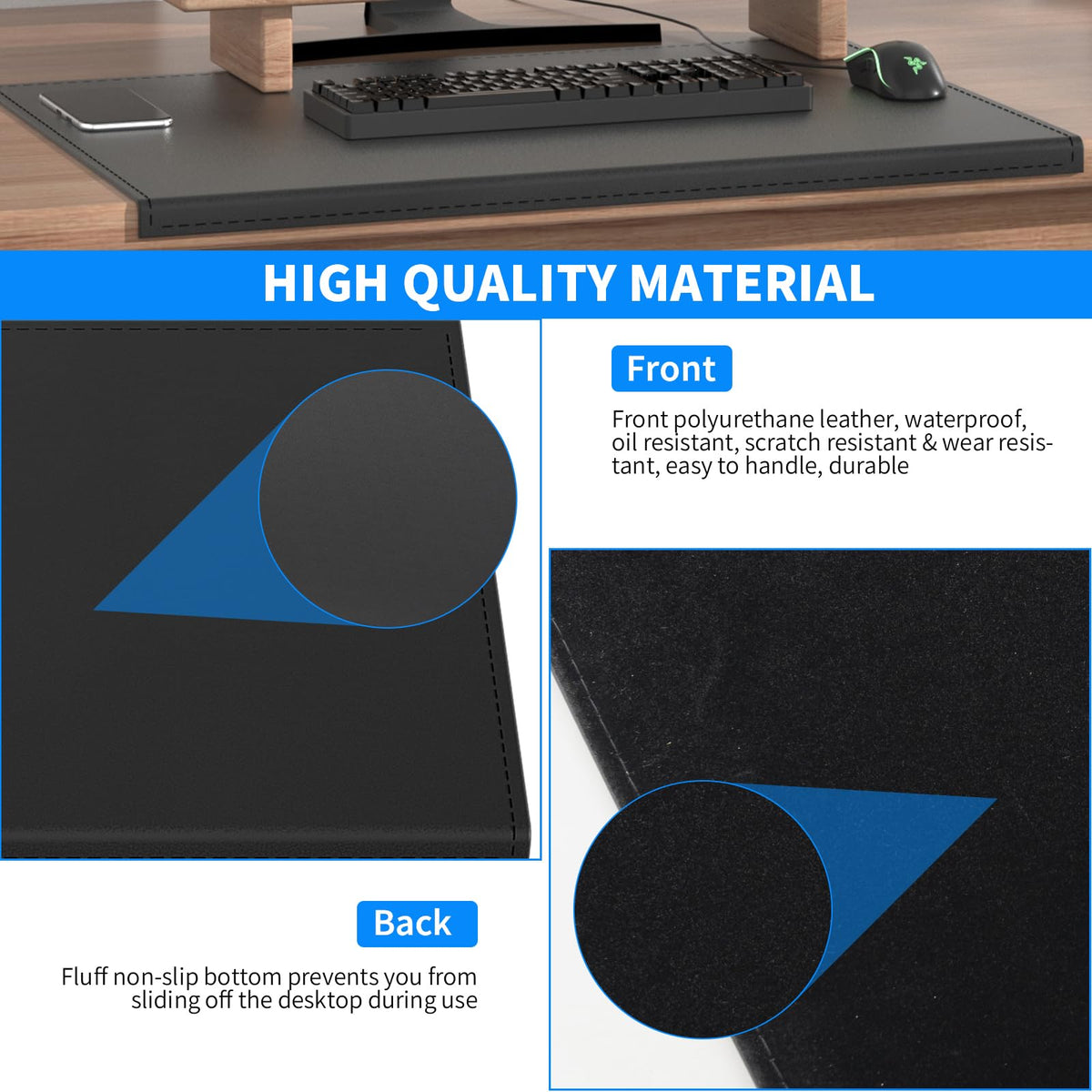 AKOZLIN Non-Slip 35.4"x 15.8" Soft PU Leather Surface Office Desk Mouse Mat Pad with Full Grip
