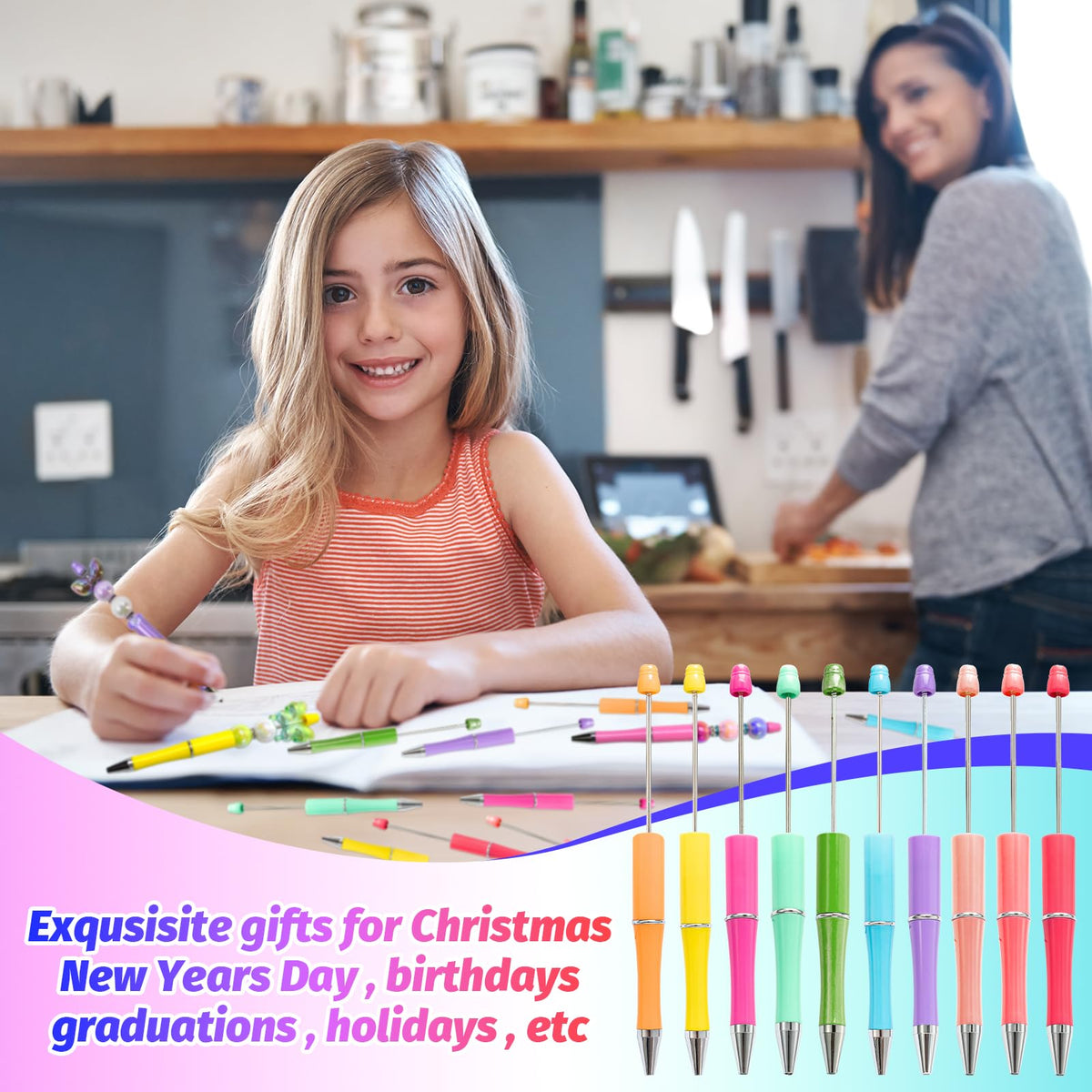 DASTTUIS 300 Pieces DIY Beadable Pens Kit - 100 plastic Beadable Pens Bulk, Refills & pen bags