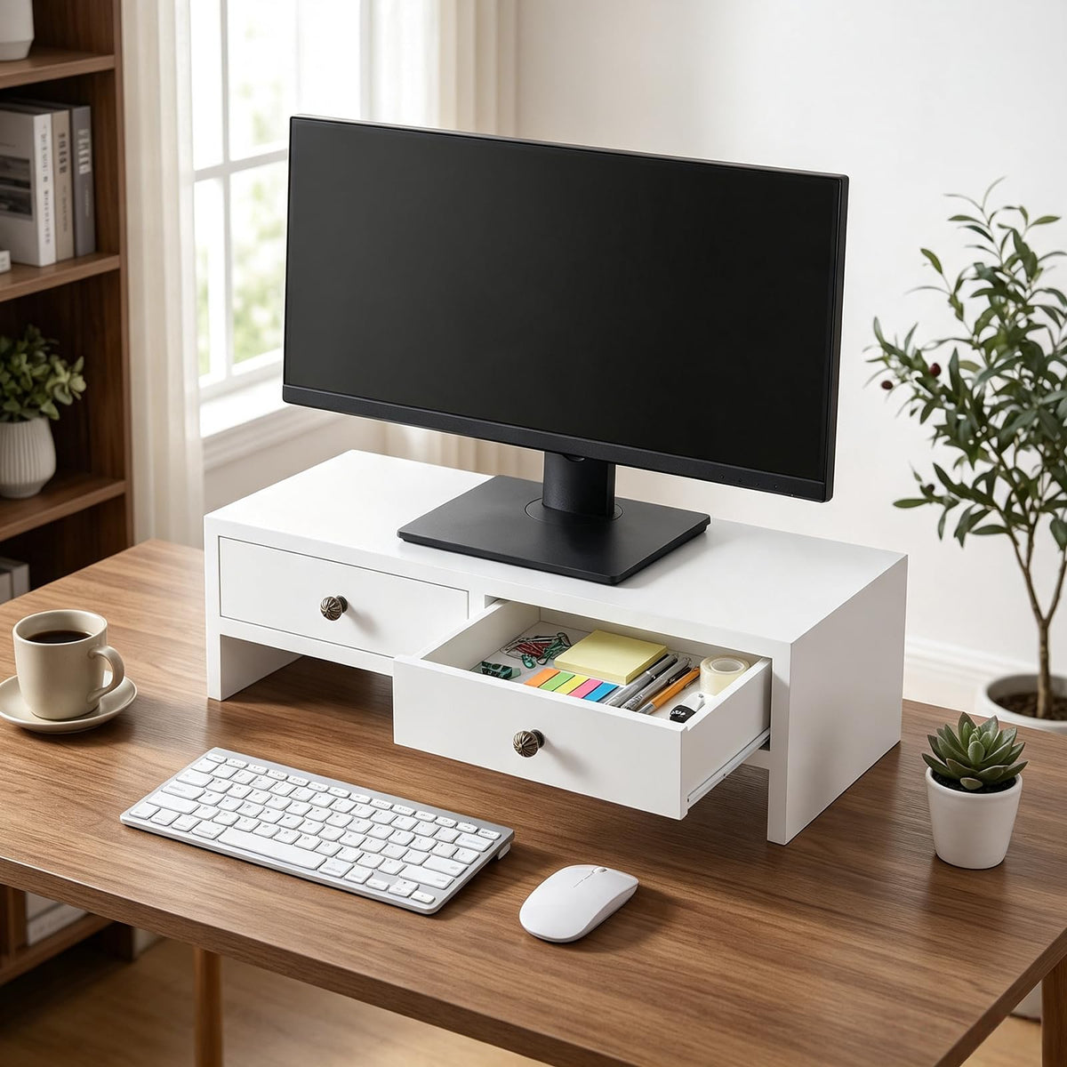 WELLAND Monitor Stand Riser with Drawers, Computer Monitor Stand, Desktop Organizer Stand for