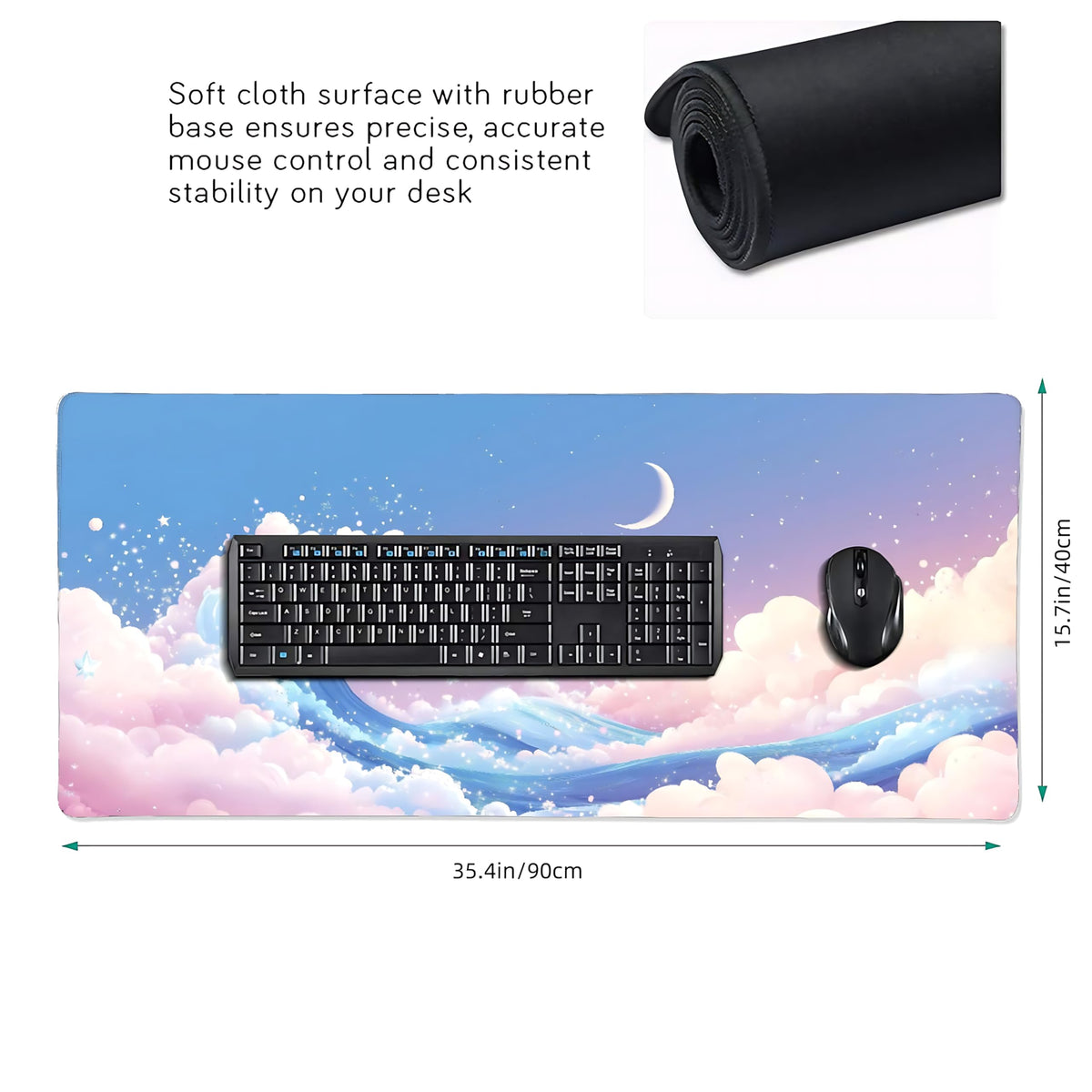 Cute Aesthetic Kanagawa Great Wave Gaming Mouse Pad, Blue Pink Macaron Desk Mat with Anti-Slip Base