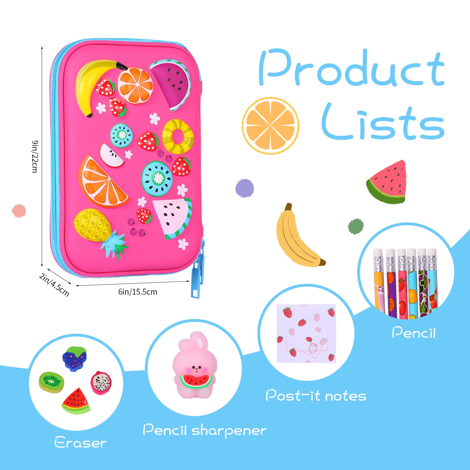 homicozy Pencil Case for Girls,Cute Fruit Stationary Set for Kids,3D EVA School Large Capacity