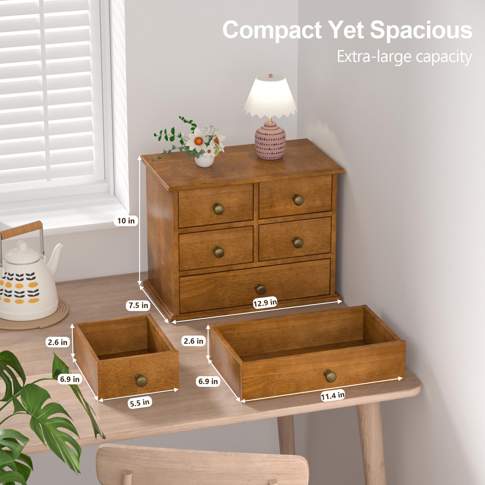 Oak Desk Organizer with Drawers, Durable Wooden Desktop Storage Box