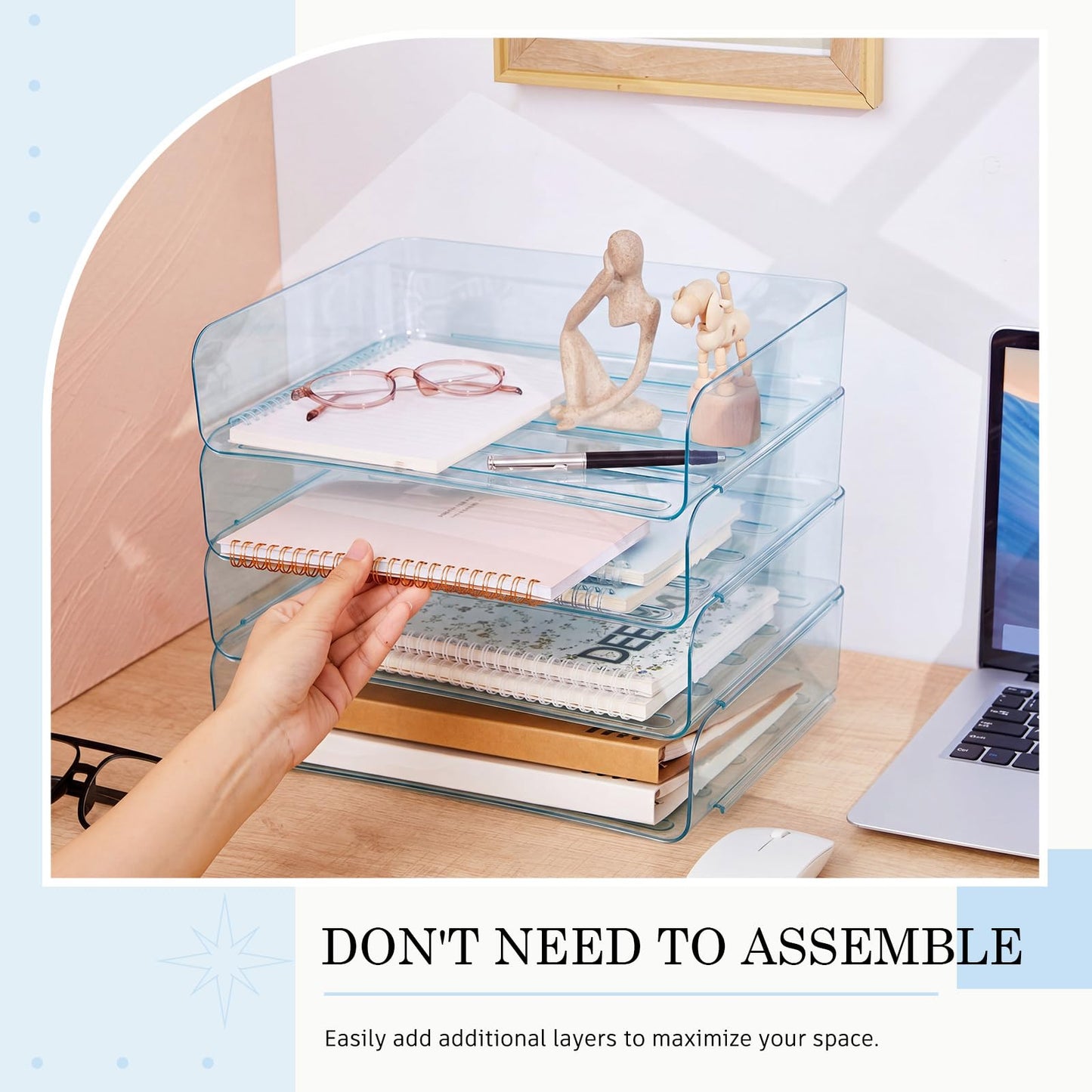 Harloon 4 Tier Clear Blue Acrylic Paper Organizer Letter Tray, Aesthetic Stackable Desk File