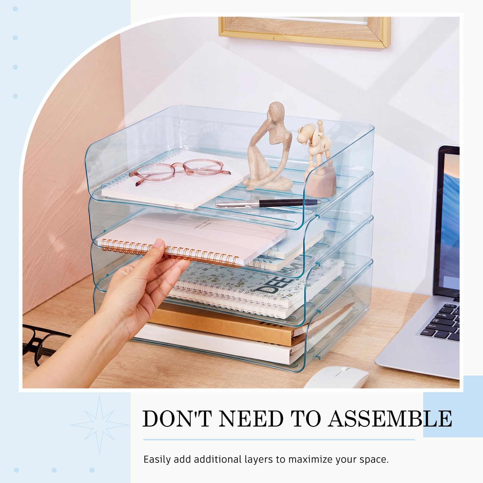 Harloon 4 Tier Clear Blue Acrylic Paper Organizer Letter Tray, Aesthetic Stackable Desk File
