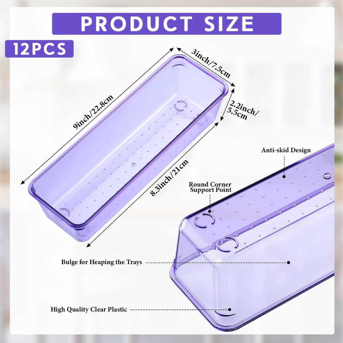 Maitys 12 Pcs Clear Drawer Organizer 9 x 3 x 2 Inches Plastic Rectangle Trays Makeup Vanity Storage