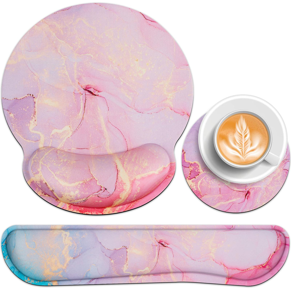 Mouse Pad with Wrist Rest Pink, 3-in-1 Wrist Support Mousepad Set,