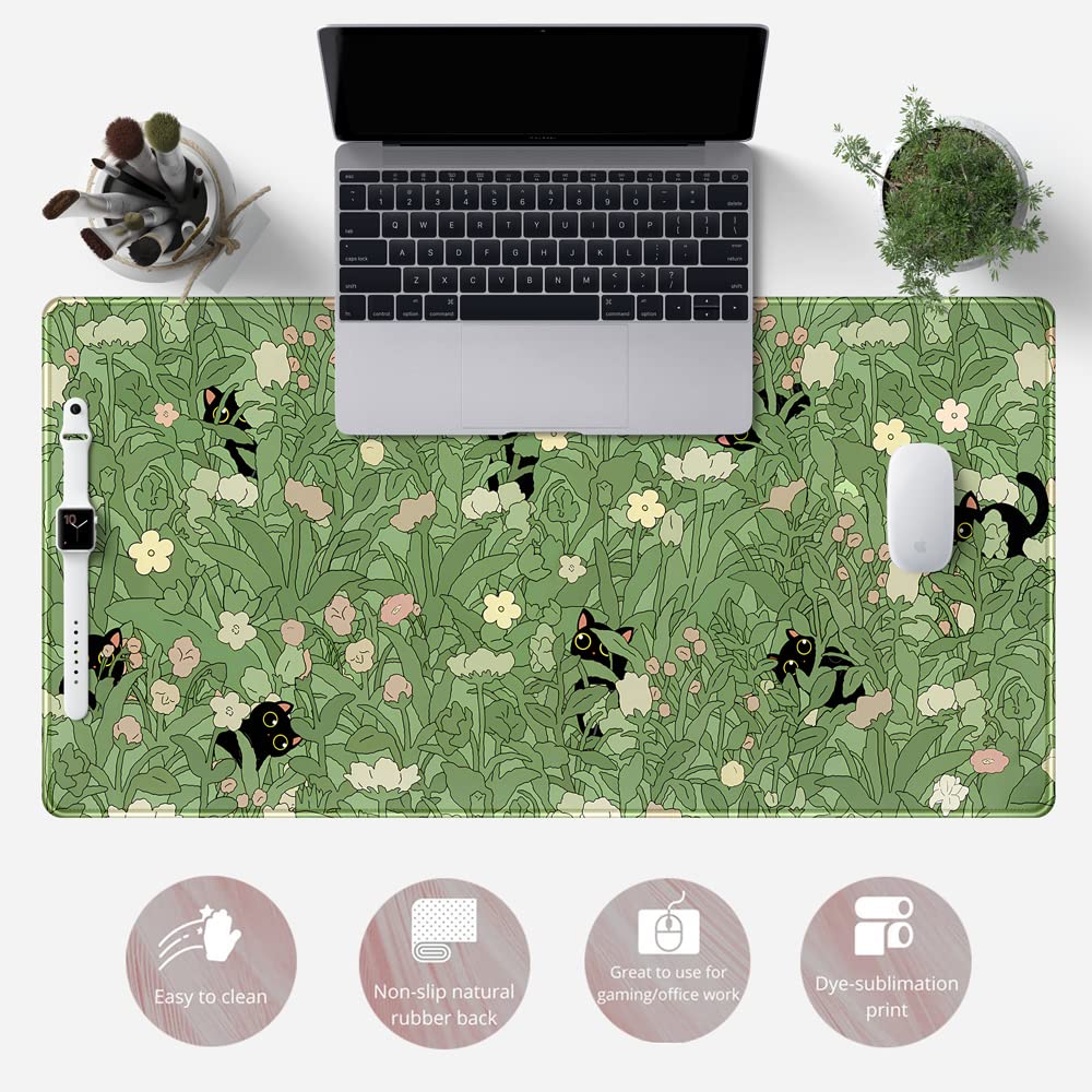 YKJWW Green Desk Mat Cat Cute Flower Plant Cool Desk Pad XXL Keyboard Mat