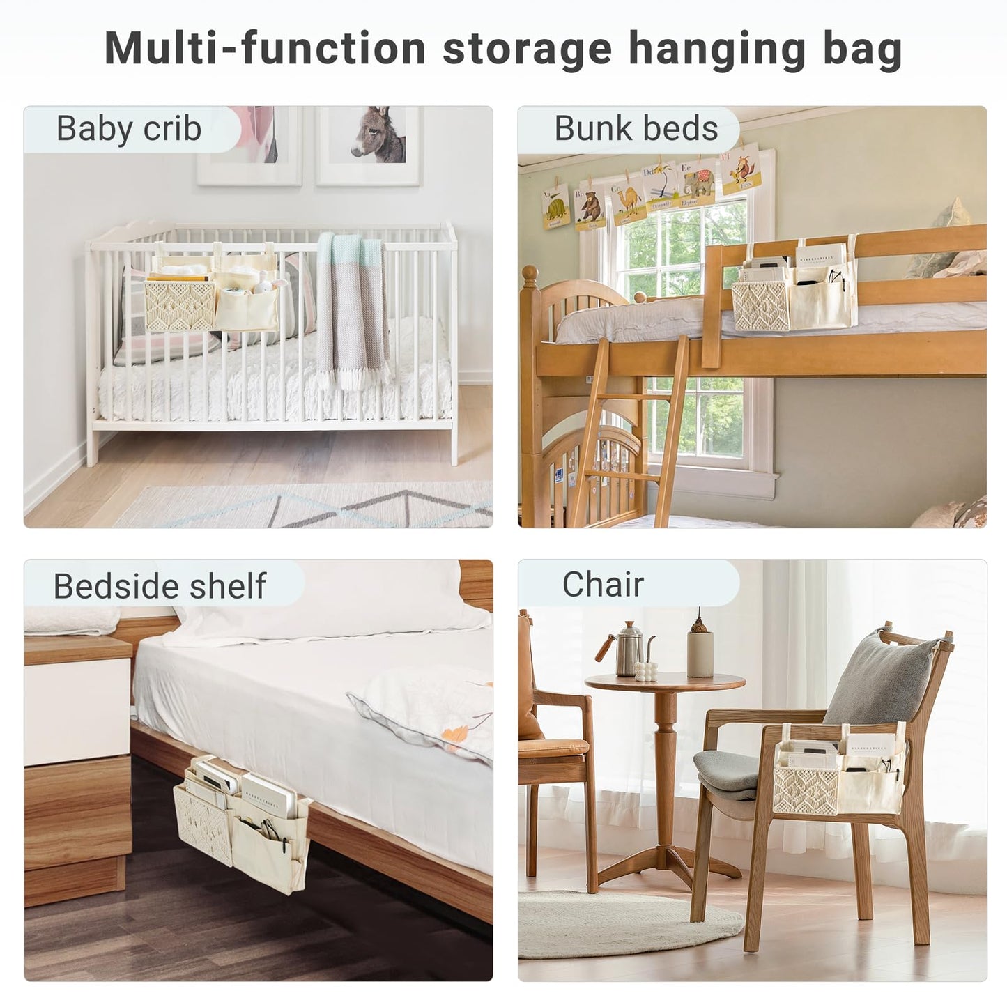 Mkono Bedside Caddy, Macrame Bunk Bed Hanging Organizer, 7 Pockets Ivory