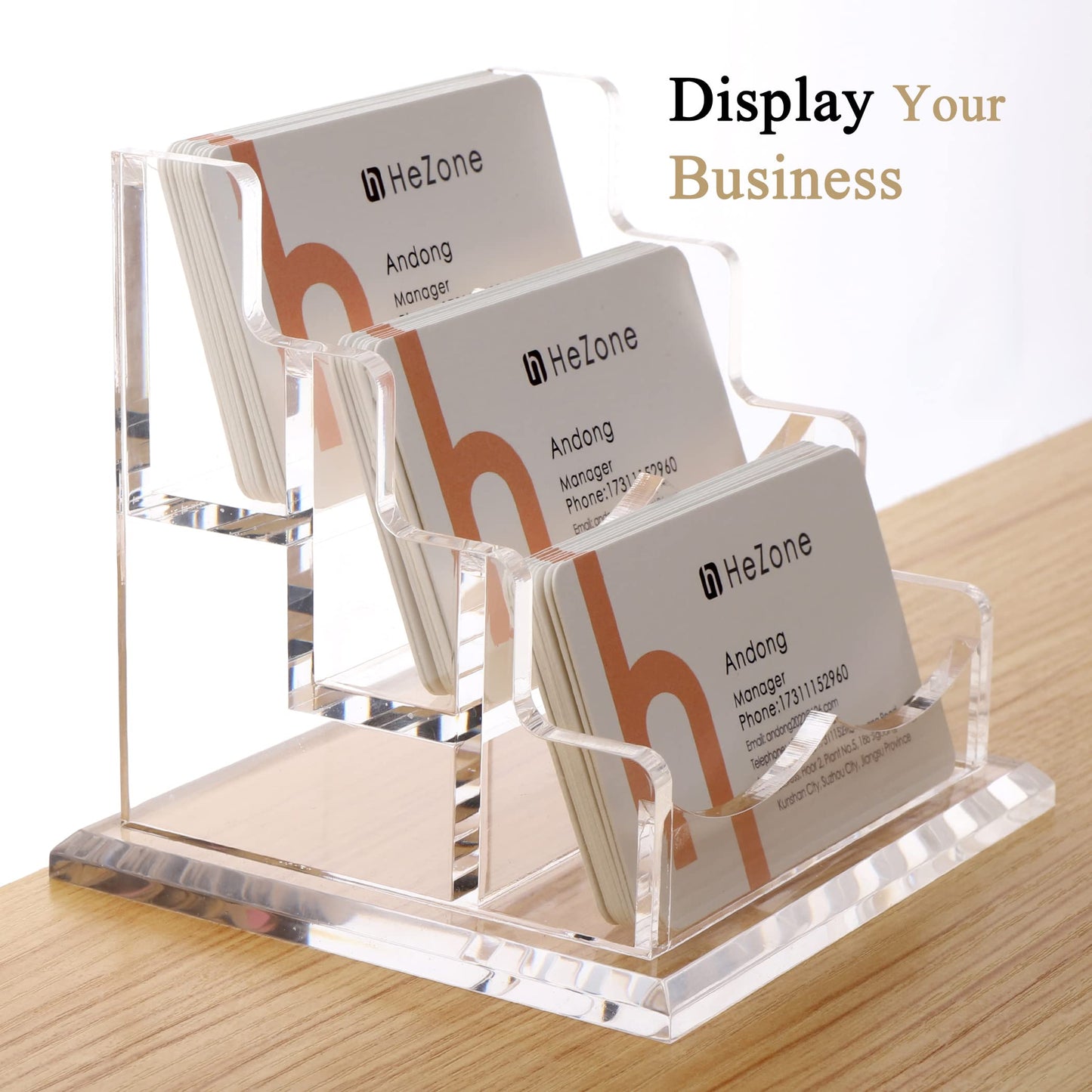 HeZone Business Card Holder for Desk 3 Slots 3 Tier, Clear Acrylic Cards Display Stand, Cards