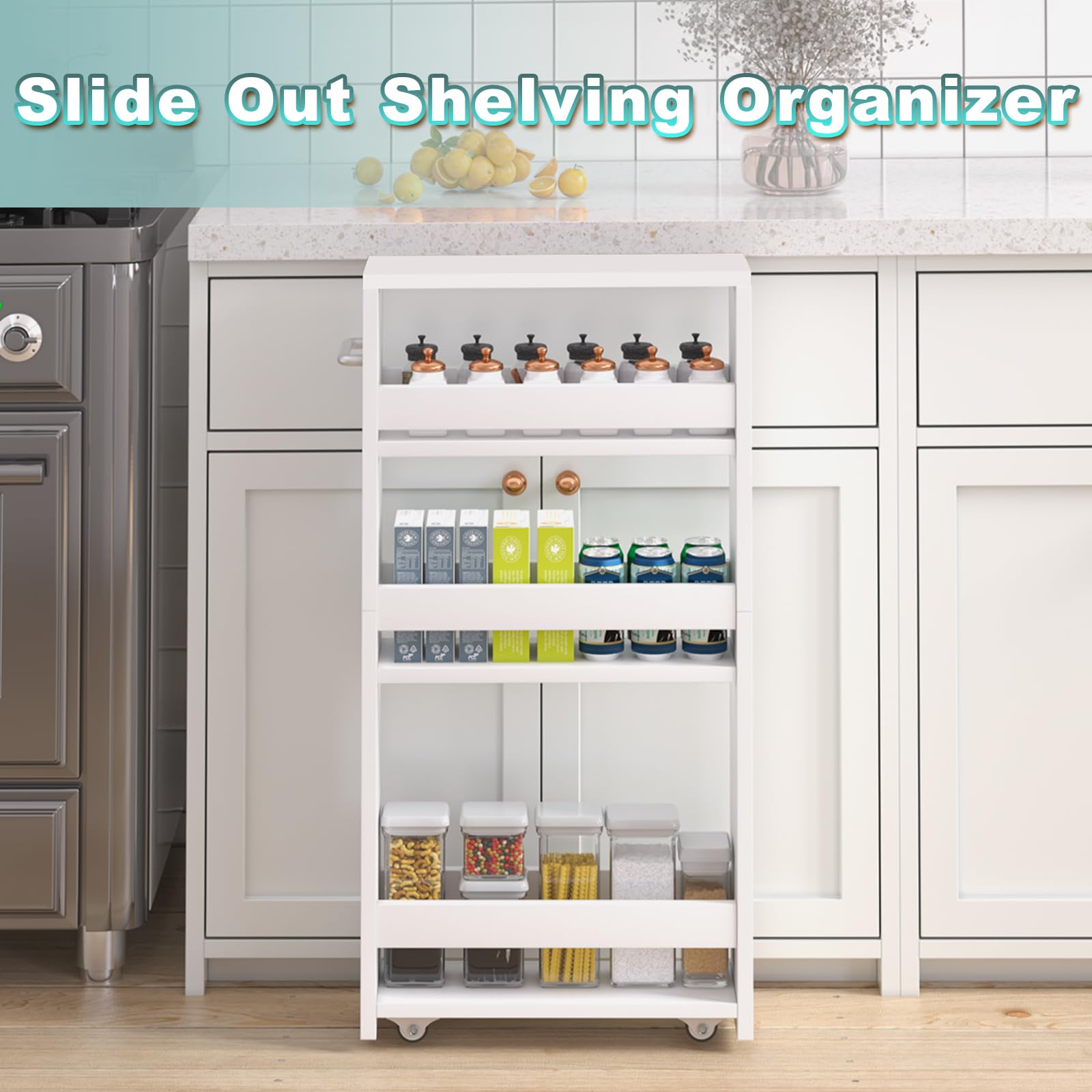 MARTY Slim Rolling Storage Cart, Wood Utility Kitchen Bathroom Laundry Cart