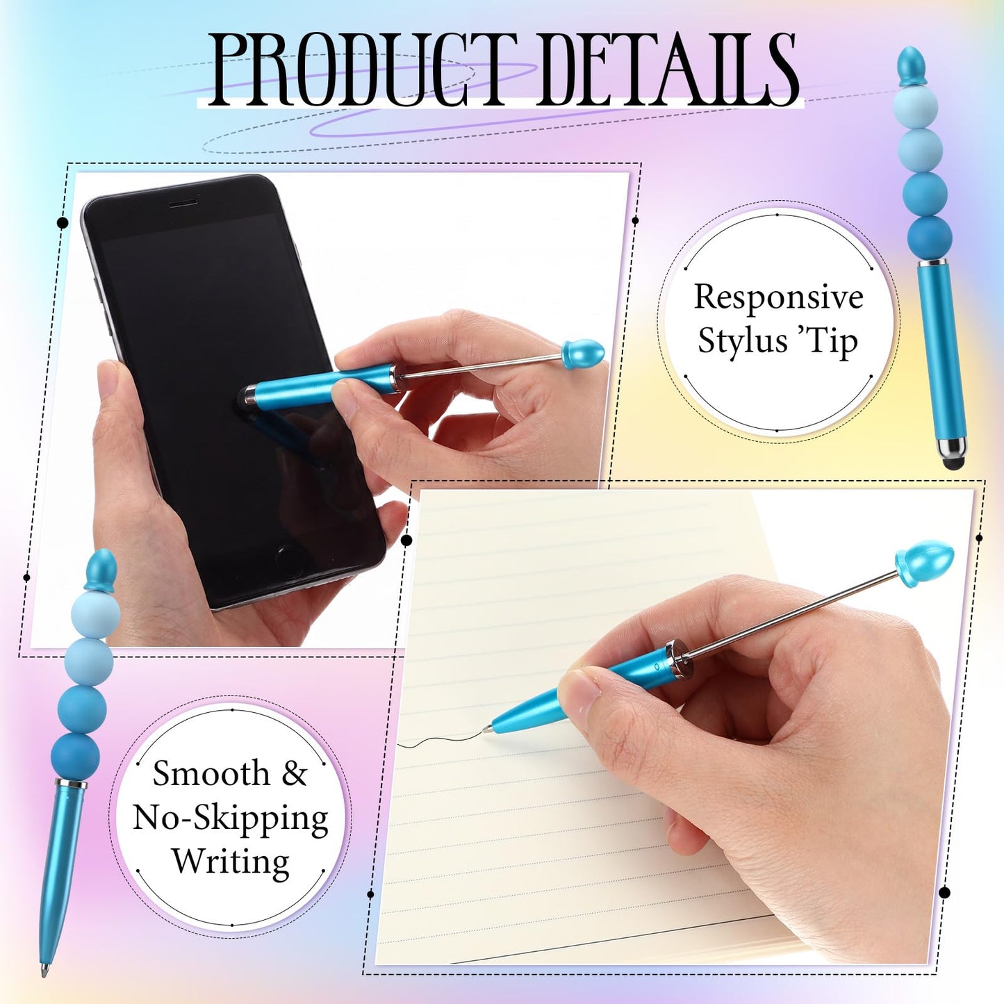 Qilery 30 Pcs Beaded Pens with Stylus Tips Plastic Beaded DIY Stylus 2-in-1 for Rubber Touch Screen