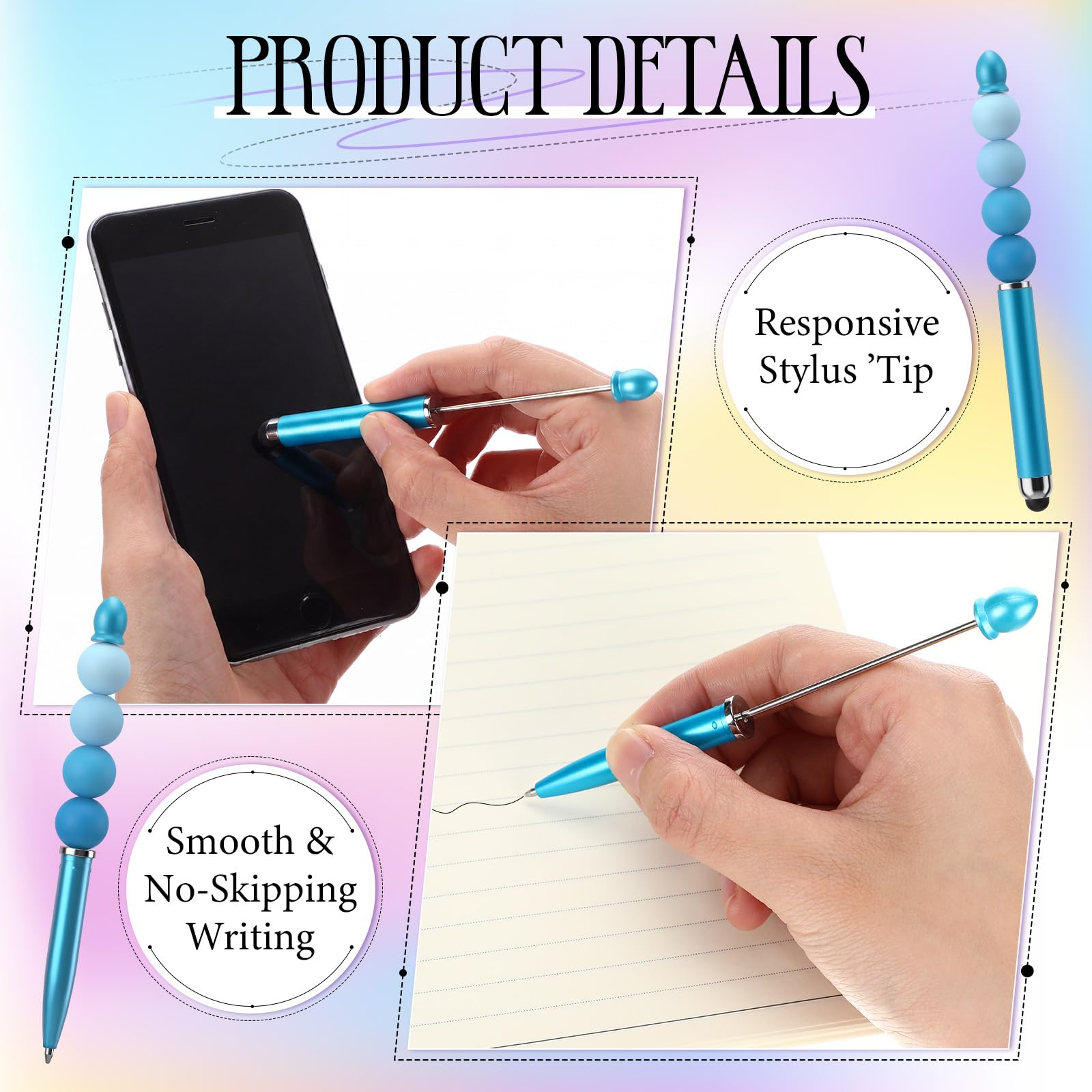 Qilery 30 Pcs Beaded Pens with Stylus Tips Plastic Beaded DIY Stylus 2-in-1 for Rubber Touch Screen