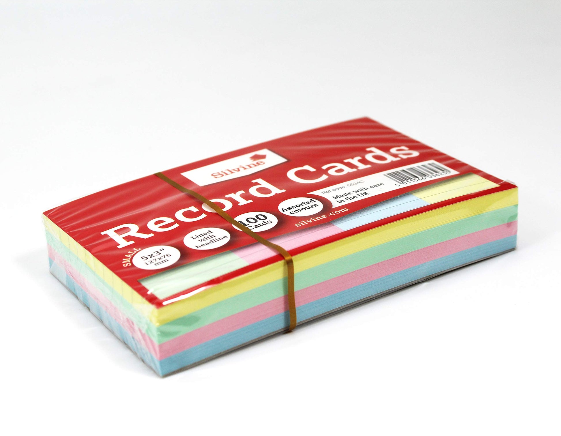 Silvine 5x3" Multi-Coloured Record Cards - Lined with Headline, 100 Cards per Pack. Ref 553AC (127