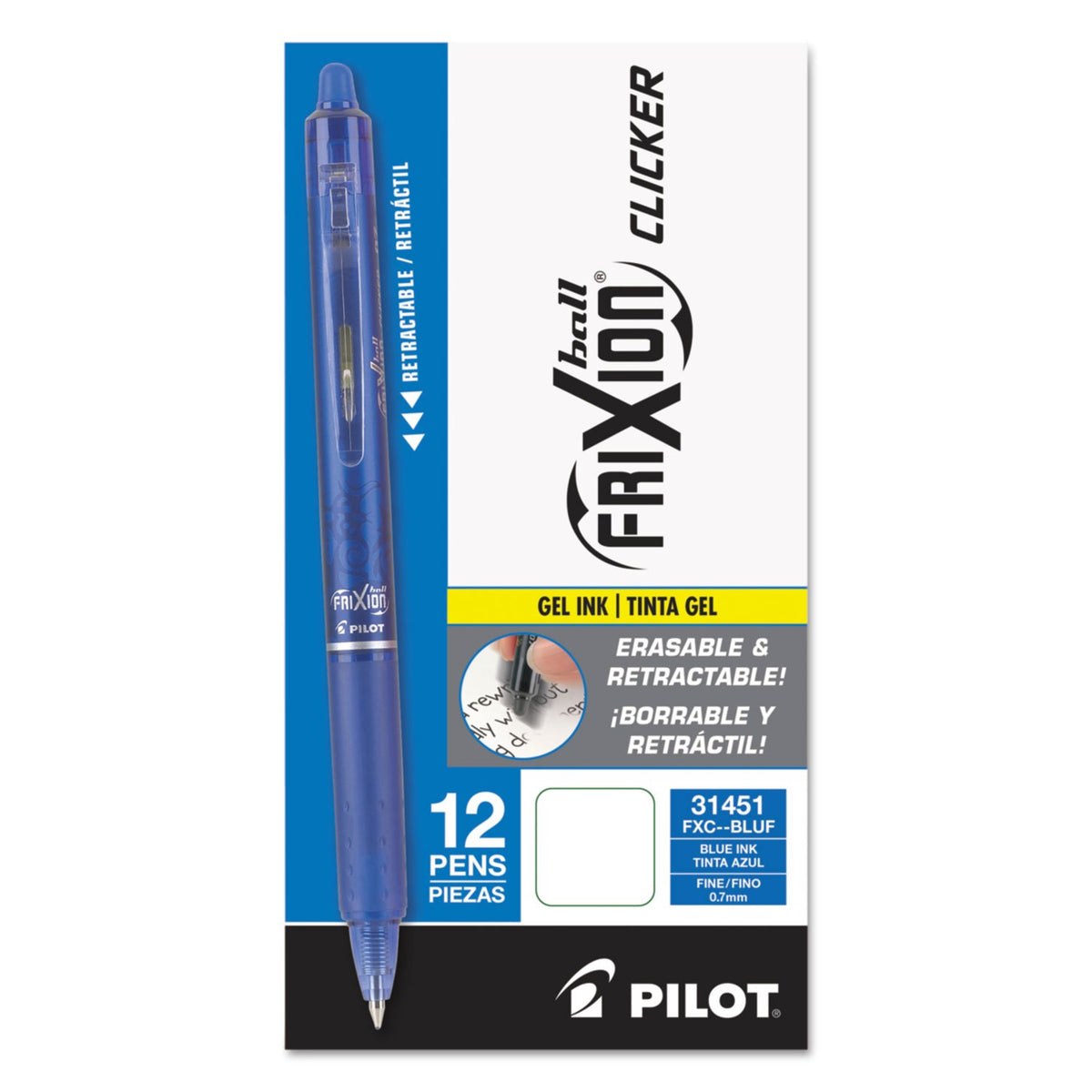 PILOT FriXion Clicker Erasable Gel Ink Pens, Fine Point 0.7mm, Blue, 12Pk