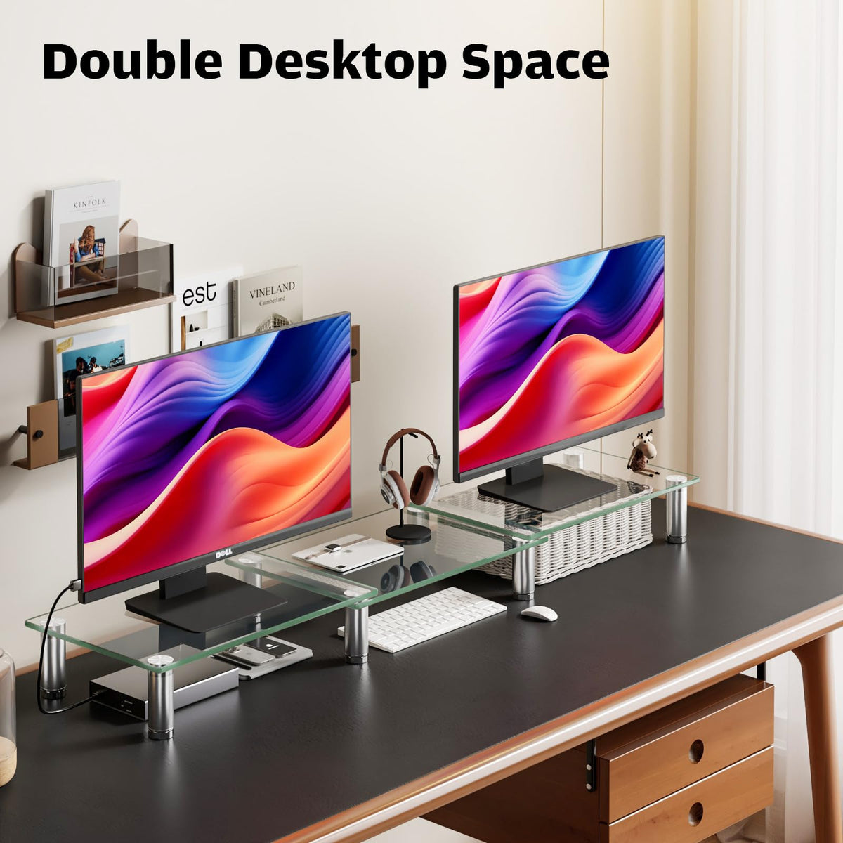 Hemudu Dual Monitor Stand -Adjustable Length and Angle Dual Monitor Riser, Desktop Organizer for