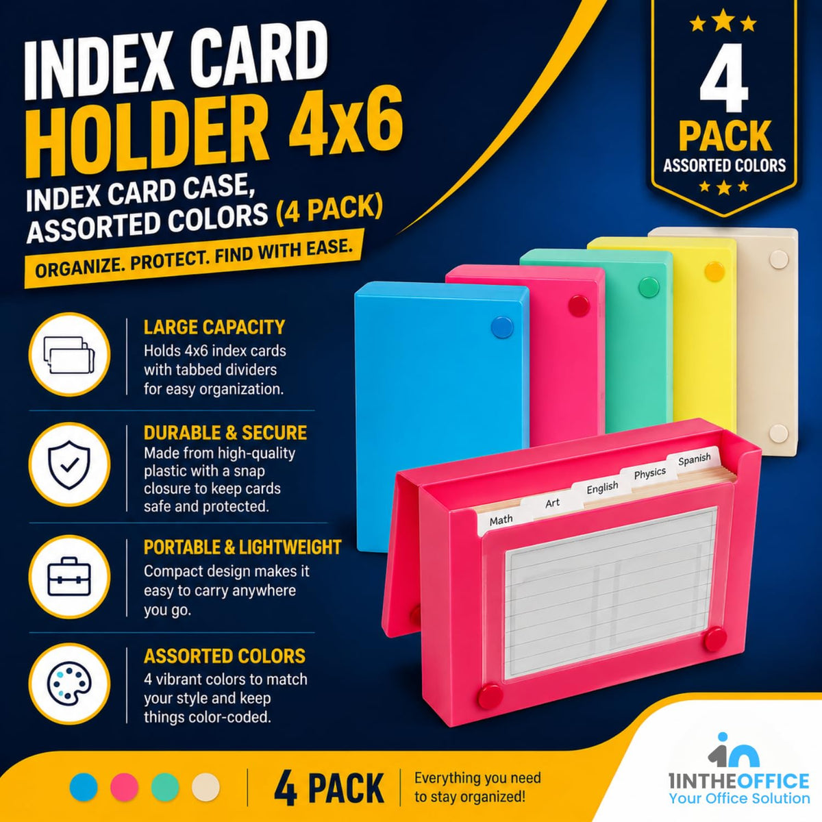 1InTheOffice Index Card Holder 4x6, Index Card Case, Assorted Colors (4 Pack)