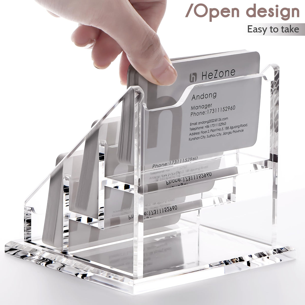 HeZone Acrylic Card Holder Clear Horizontal Business Card Organizer Stand for Desk 3 Slots 3 Tier