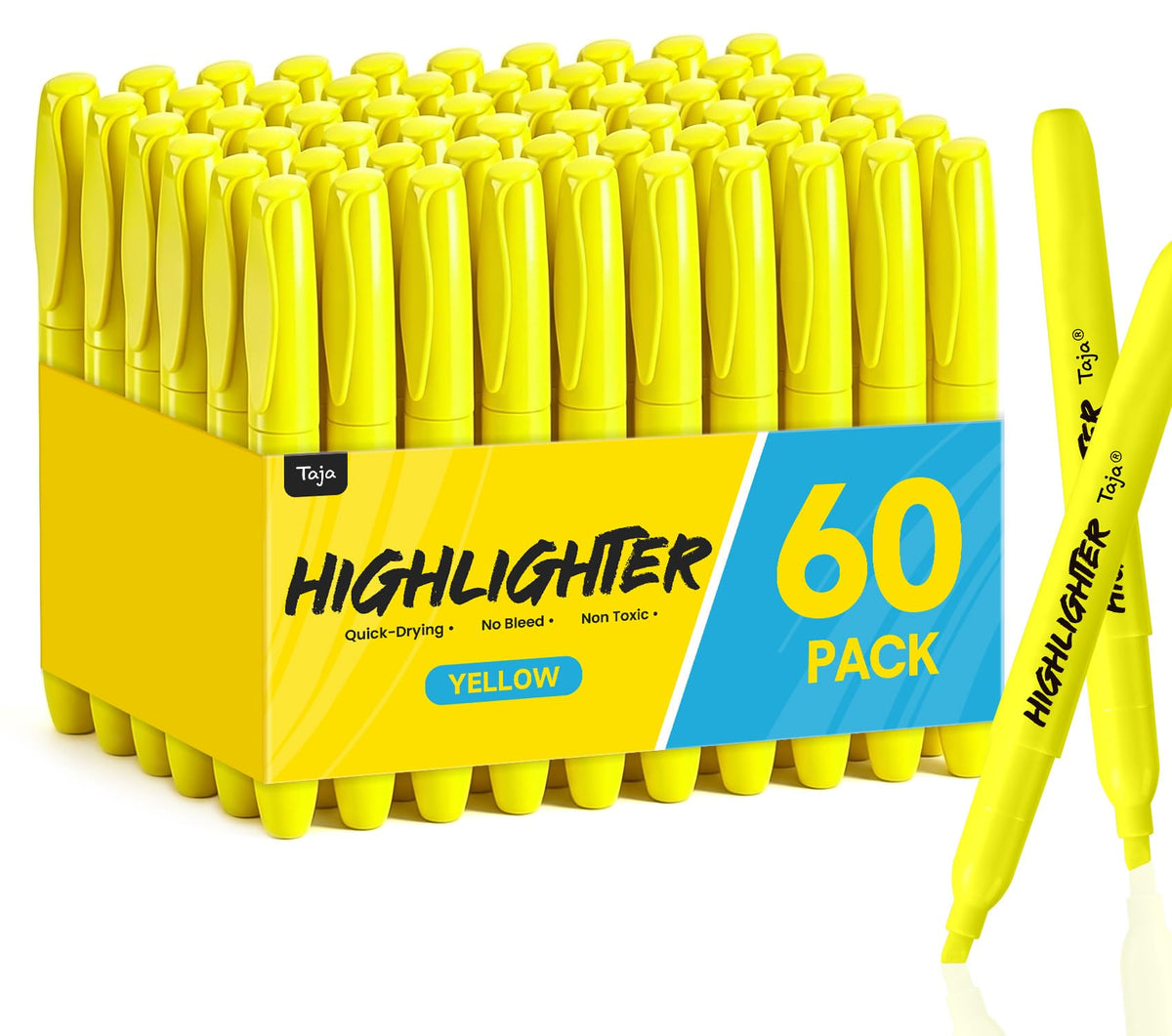 Taja 60 Pack Highlighters, Yellow, Chisel Tip with No Bleed Ink