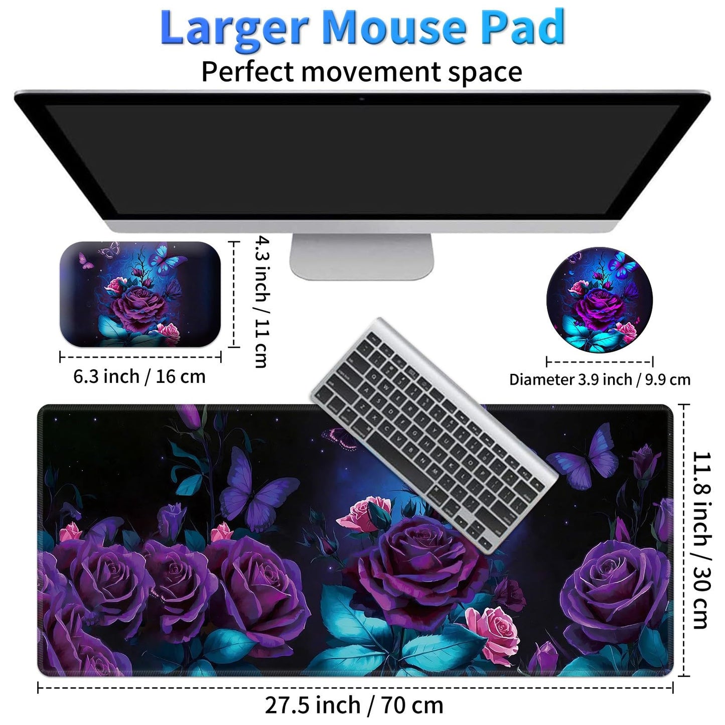 Large Gaming Mouse Pad 27.5 x 11.8 inch & Small Wrist Rests with Coasters and Purple Rose and Blue