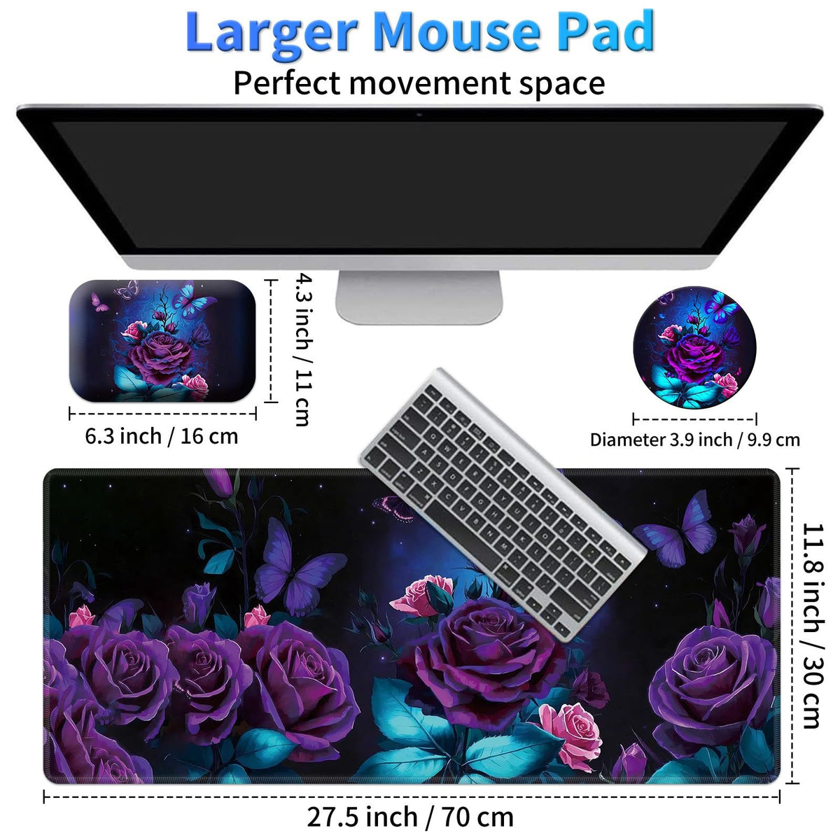 Large Gaming Mouse Pad 27.5 x 11.8 inch & Small Wrist Rests with Coasters and Purple Rose and Blue