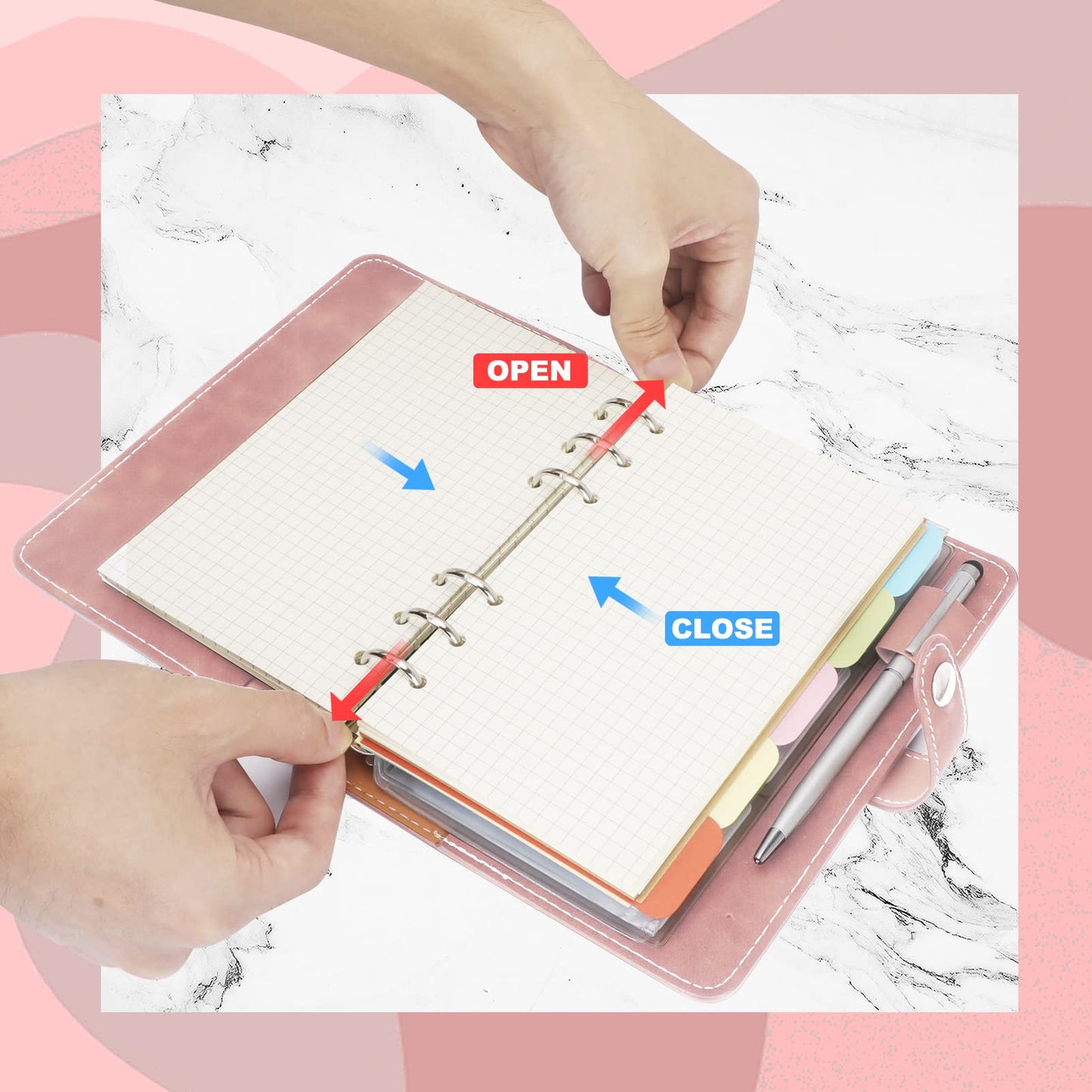 FYY A6 Binder Refillable Planner Notebook 6 Ring, Pink