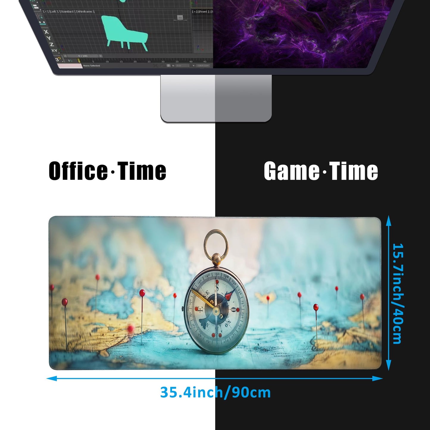 EOBKLAX Mouse Pad,Compass on World Map Desk Mat for Desktop,Desk Pad with Non-Slip Base and