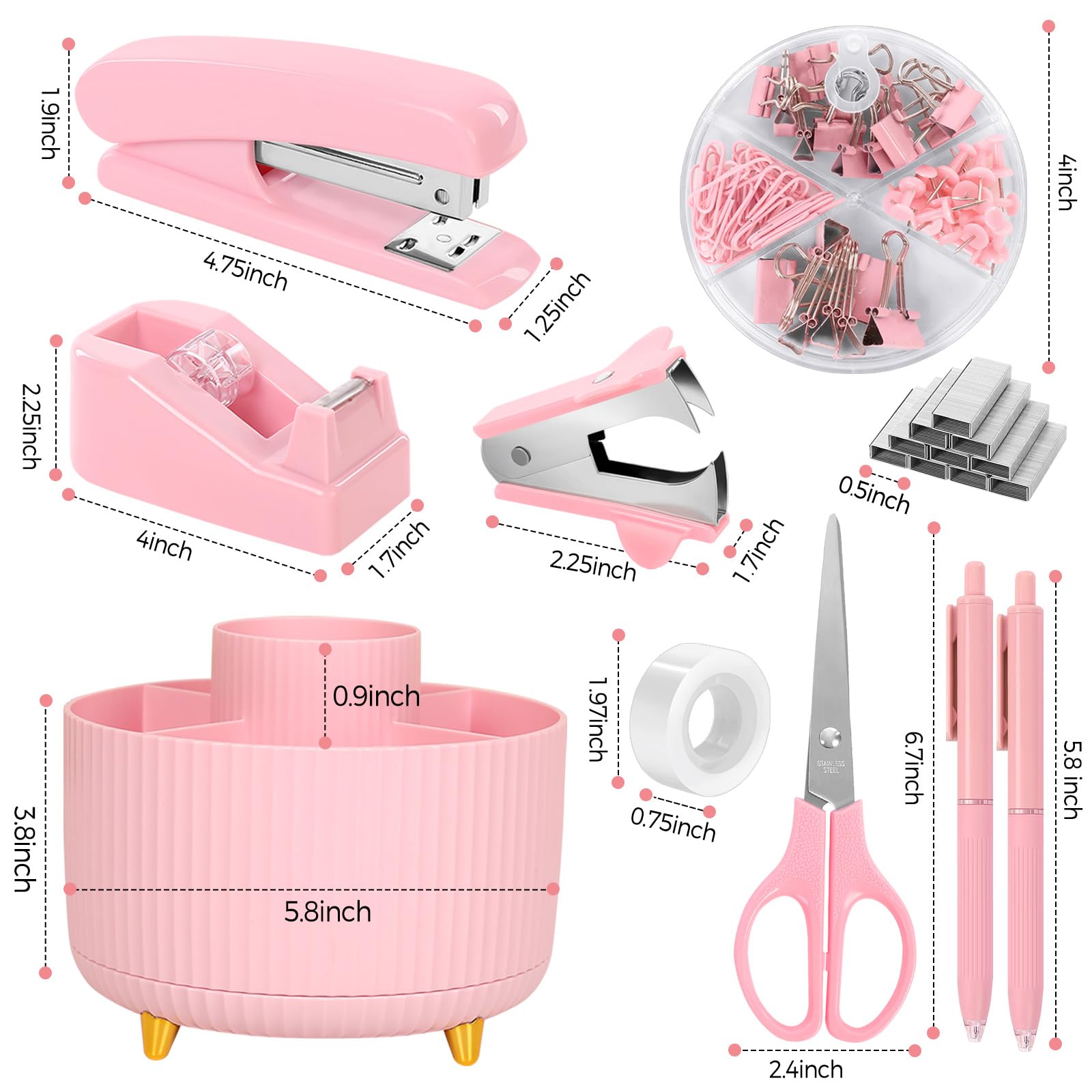 SKYDUE Pink Office Supplies Set, Pencil Holder for Desk,Gel Pen, Stapler, Tape Dispenser