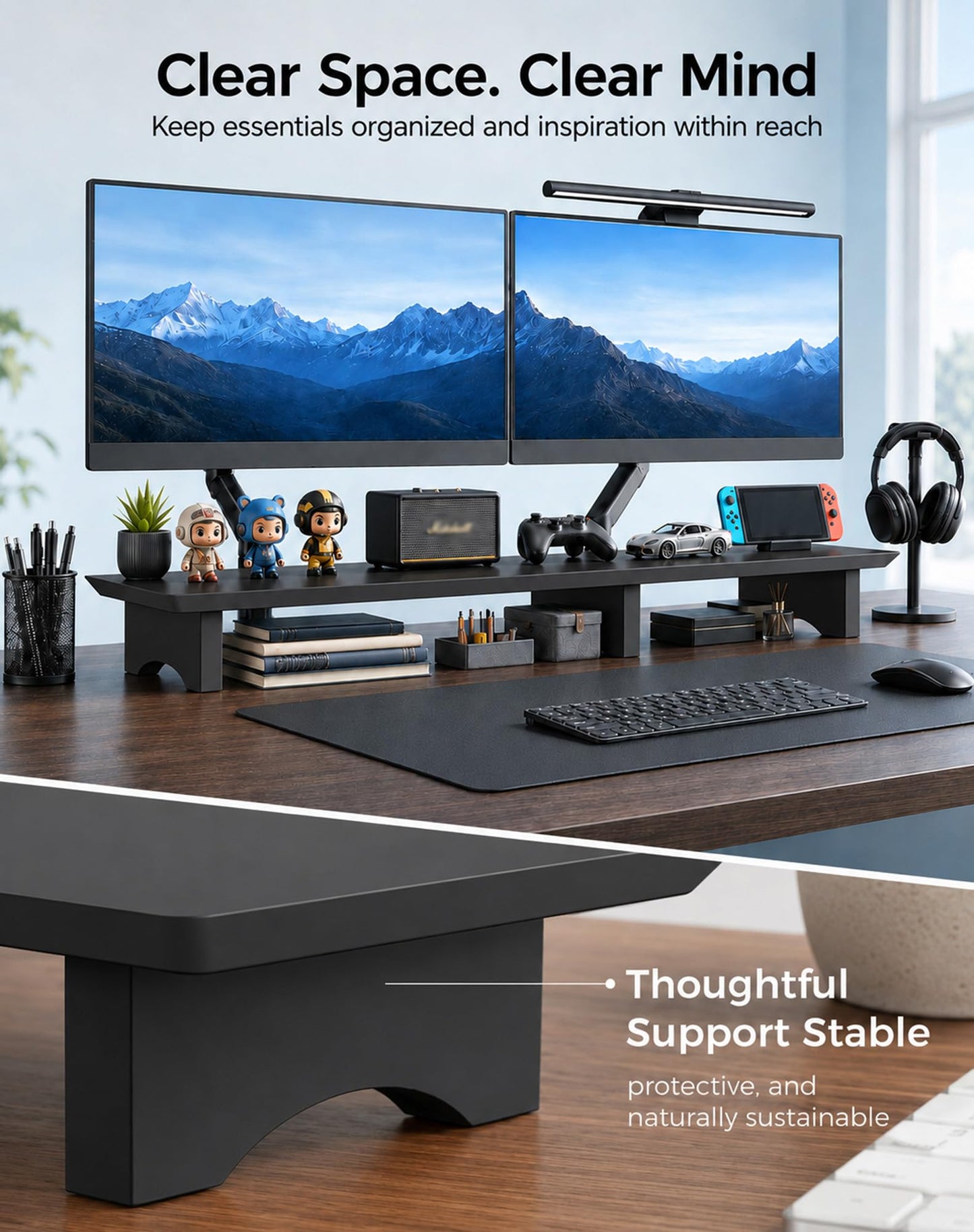 Aothia 43 in Black Solid Wood Dual Monitor Stand, Monitor Riser for Desk