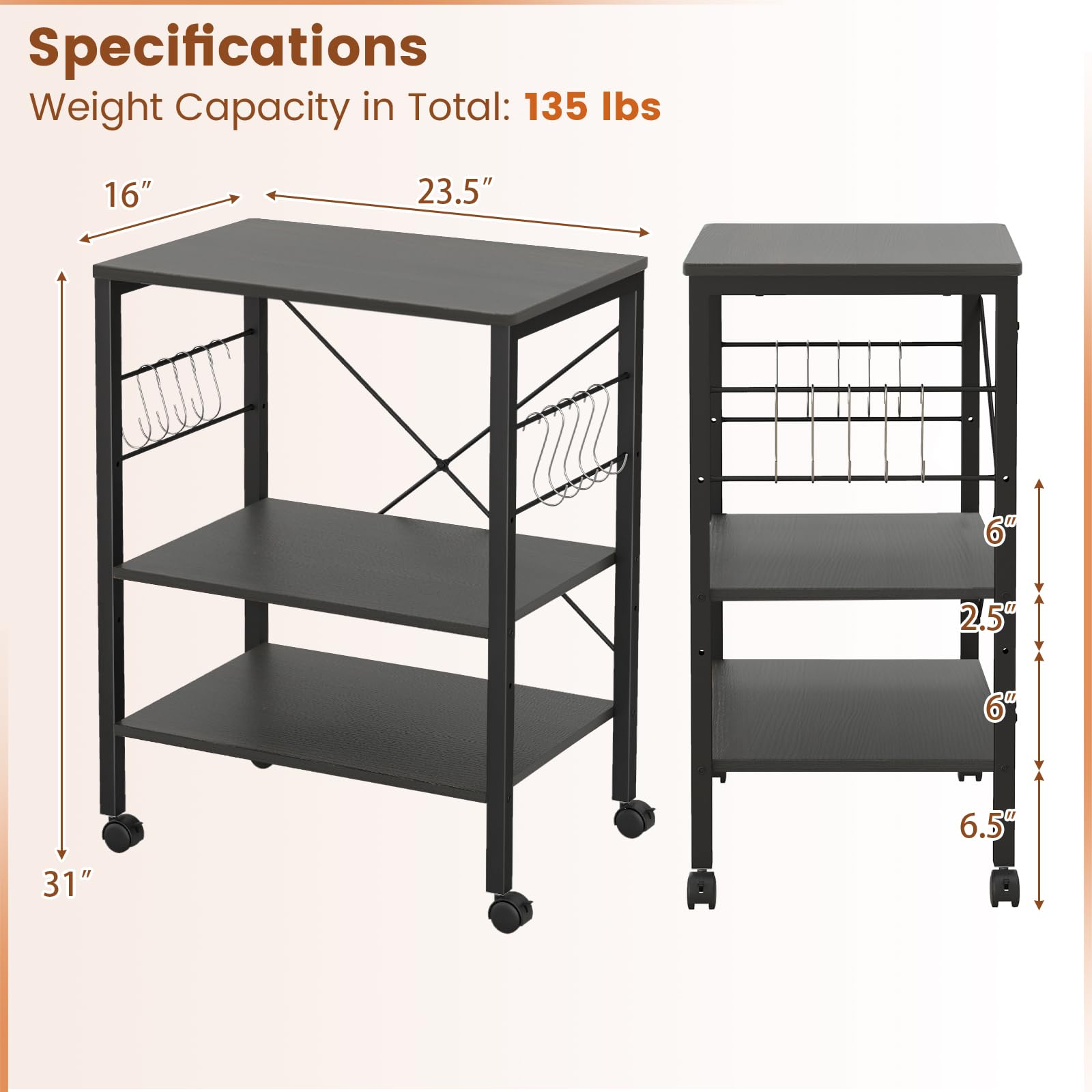 GIANTEX Kitchen Bakers Rack 3-Tier Microwave Cart on Wheels, Industrial Utility Bar Cart with 10