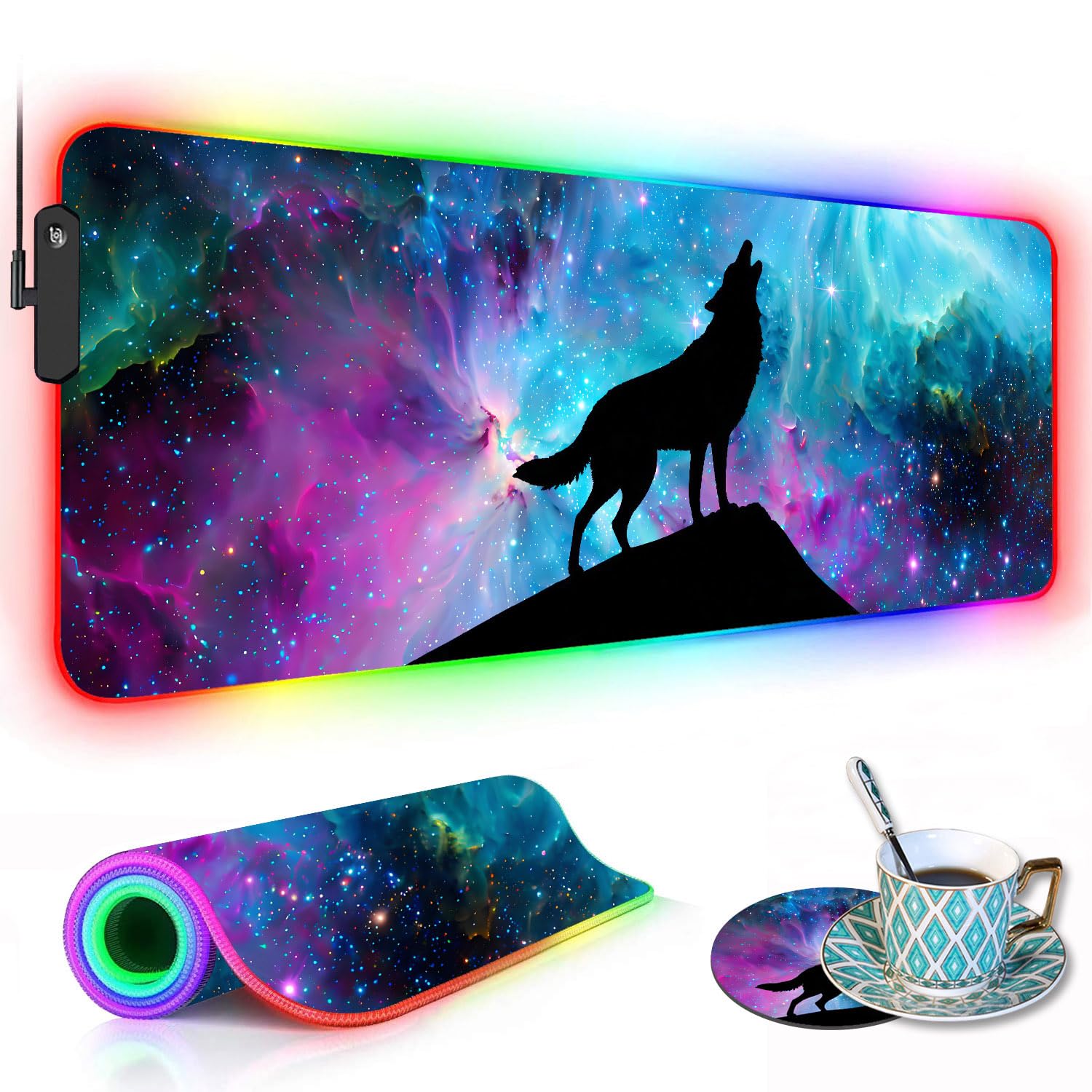 RGB Gaming Mouse Pad with Coffee Coaster, XXL Large Glowing LED Mousepad, Anti-Slip Rubber Base