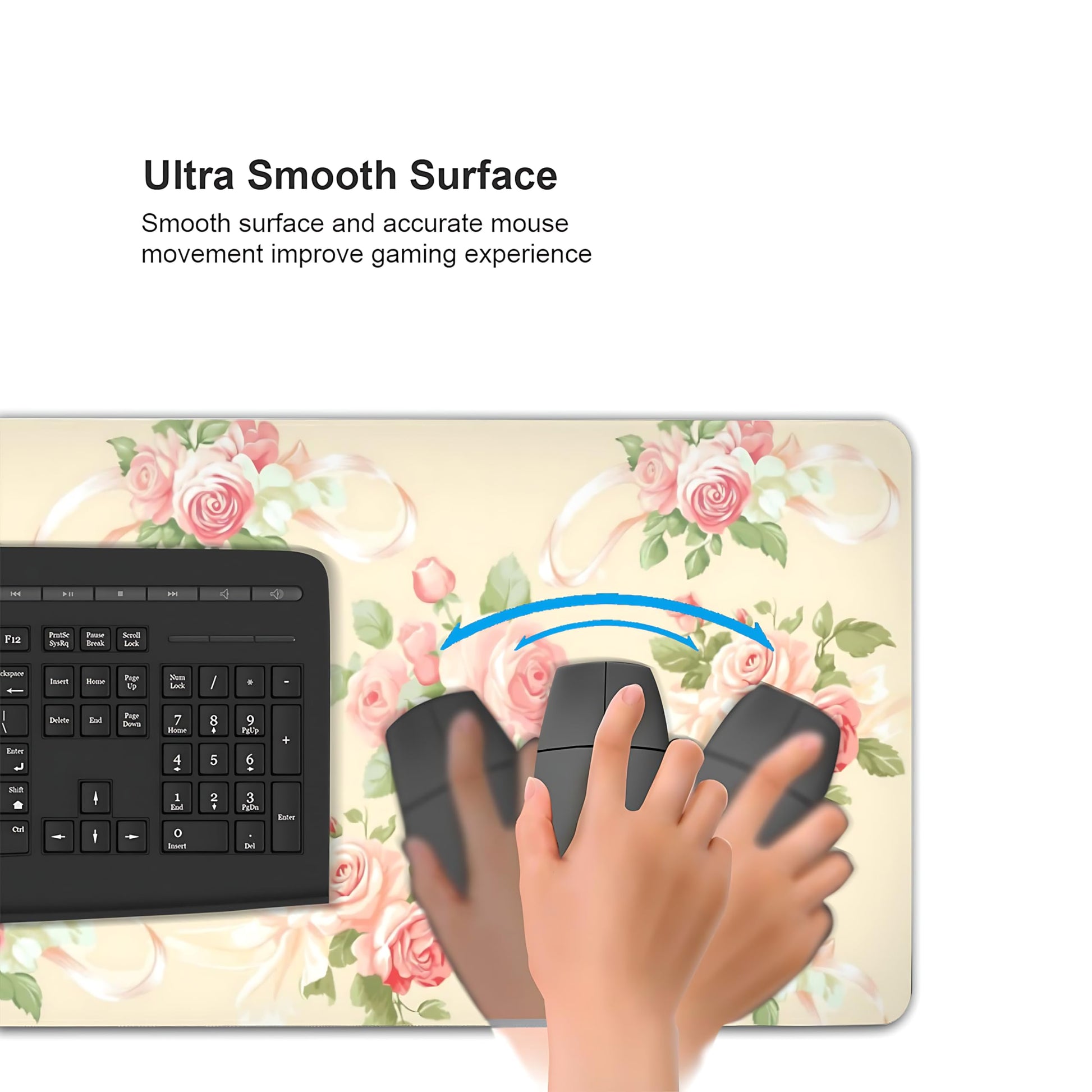 Cute Floral Aesthetic Rose Gaming Mouse Pad, Pink Macaron Desk Mat with Anti-Slip Base & Stitched