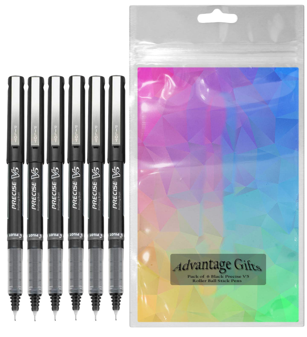 Advantage Gifts Precise V5 Stick Rolling Ball Pens, Extra Fine Point (.5mm), Black Ink, 6-pk;