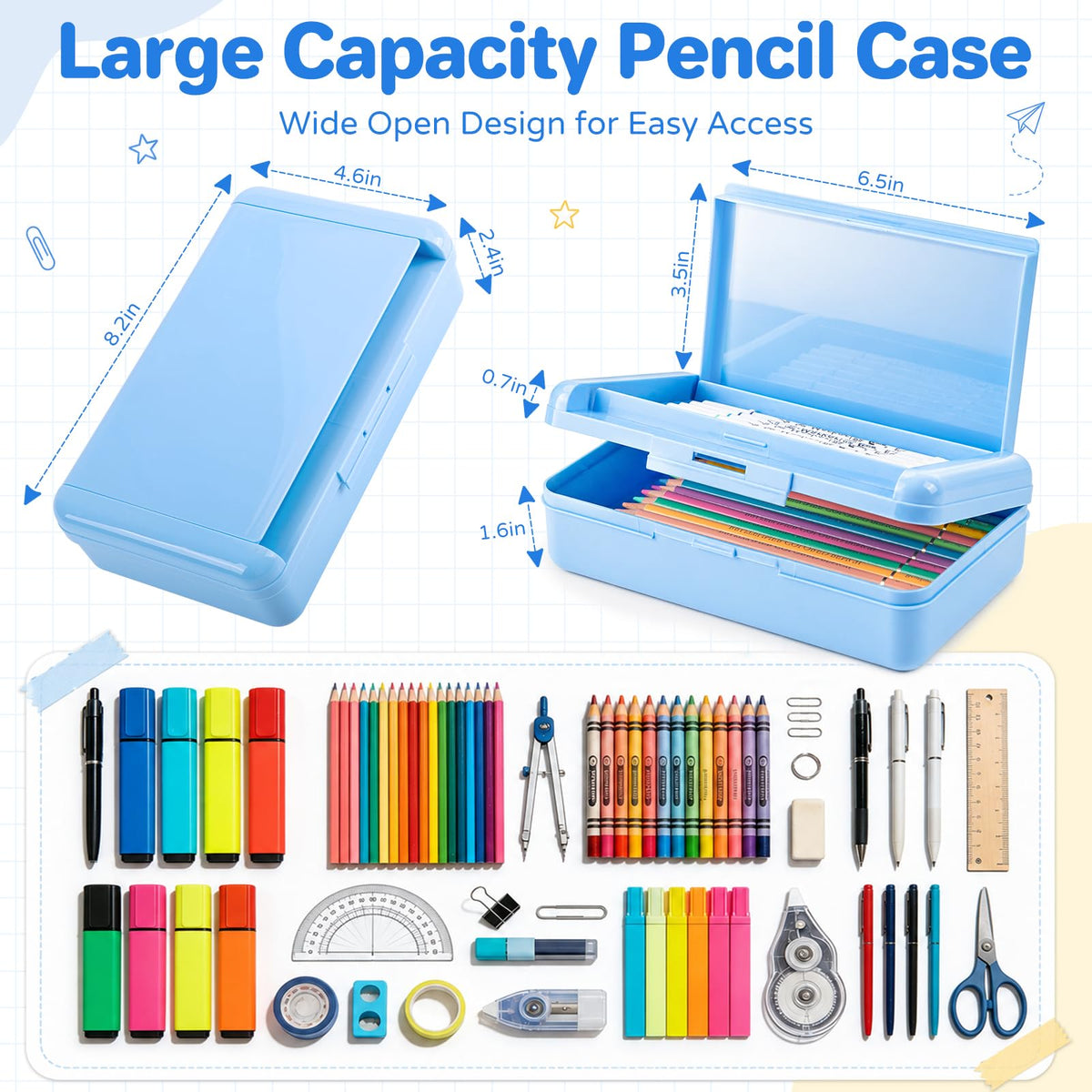 6 Pack Plastic Hard Color Double Layer Cute Pencil Box Case For Girl Boy