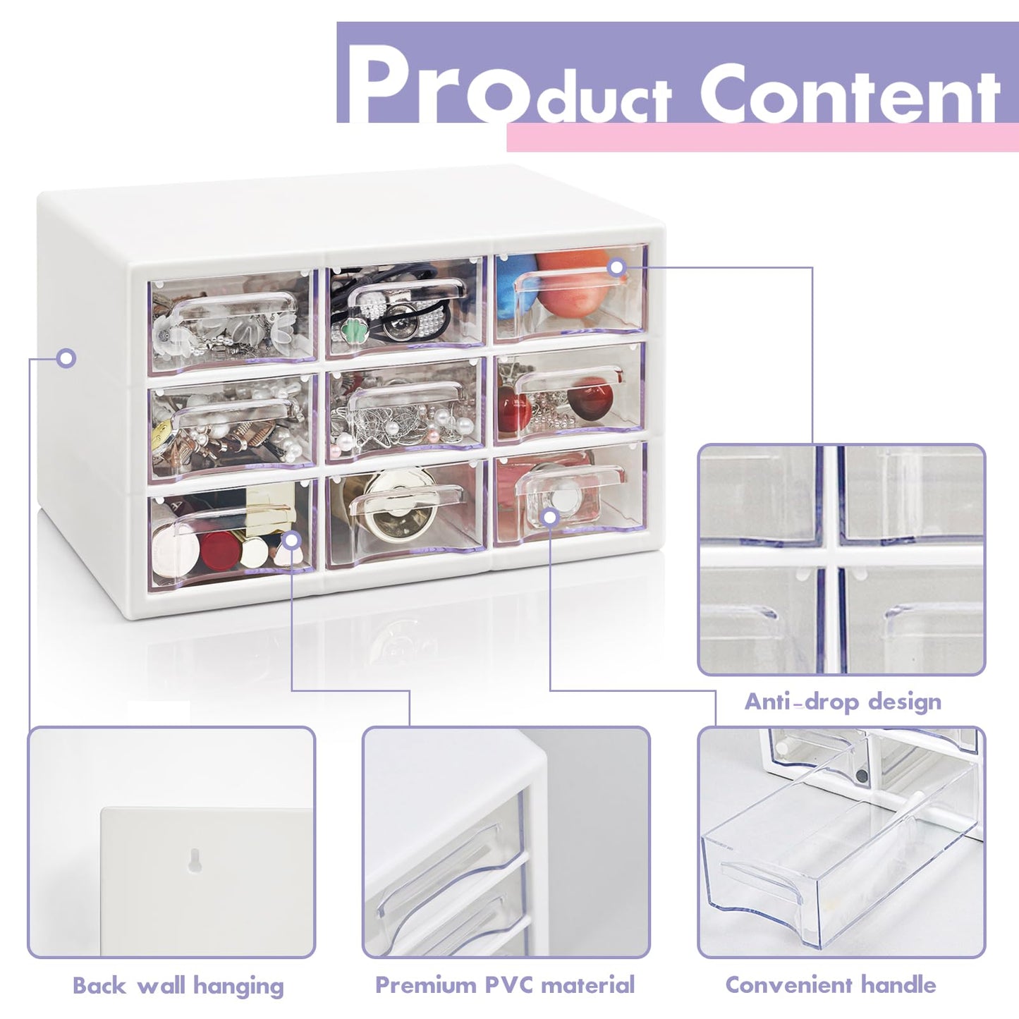 FODIENS Stackable Desk Organizer with 9 Drawers, Clear Storage Box, White