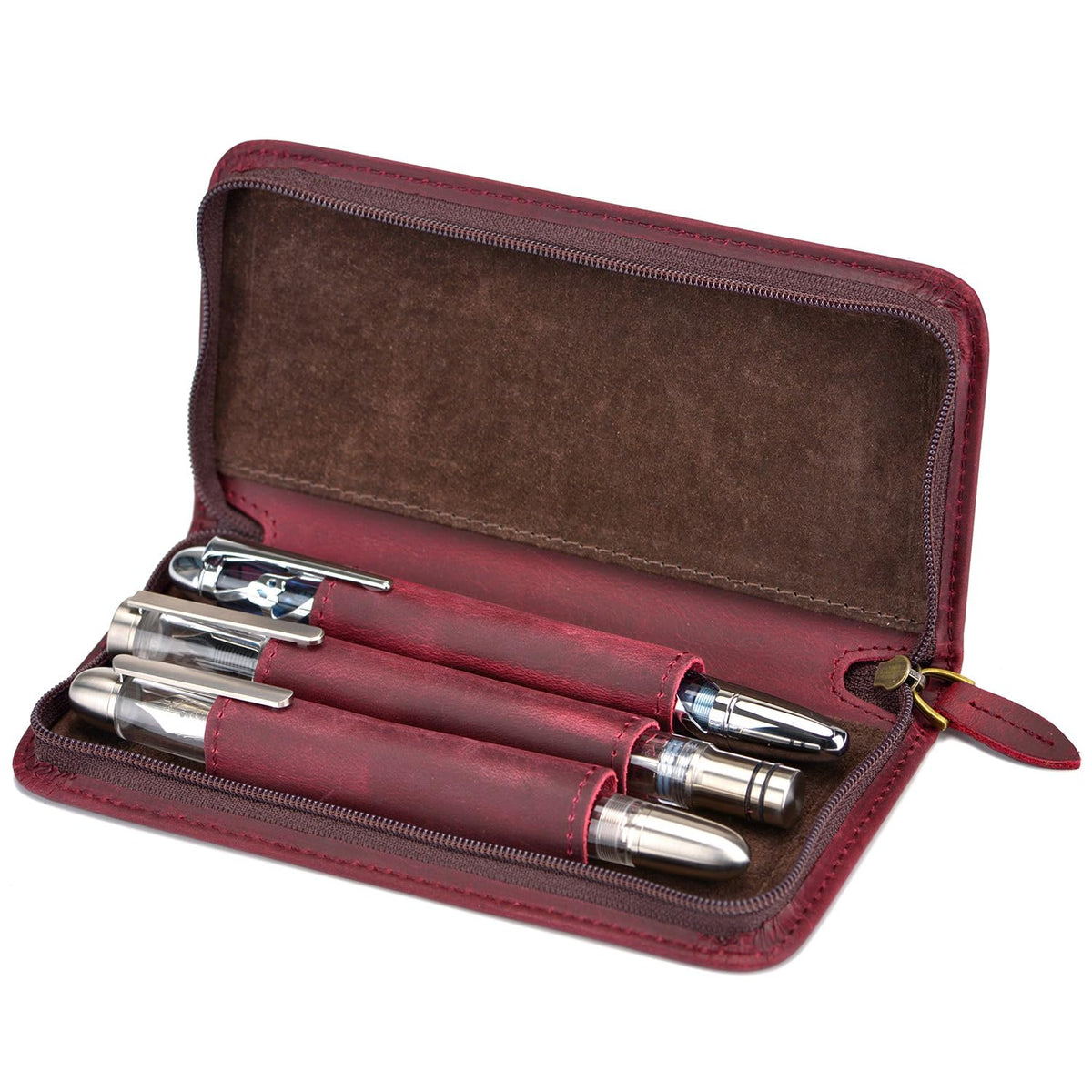 Asvine Fountain Pen Case 3 Divided Slots Crazy Horse Leather Pen Holder, Handmade Display Zippered